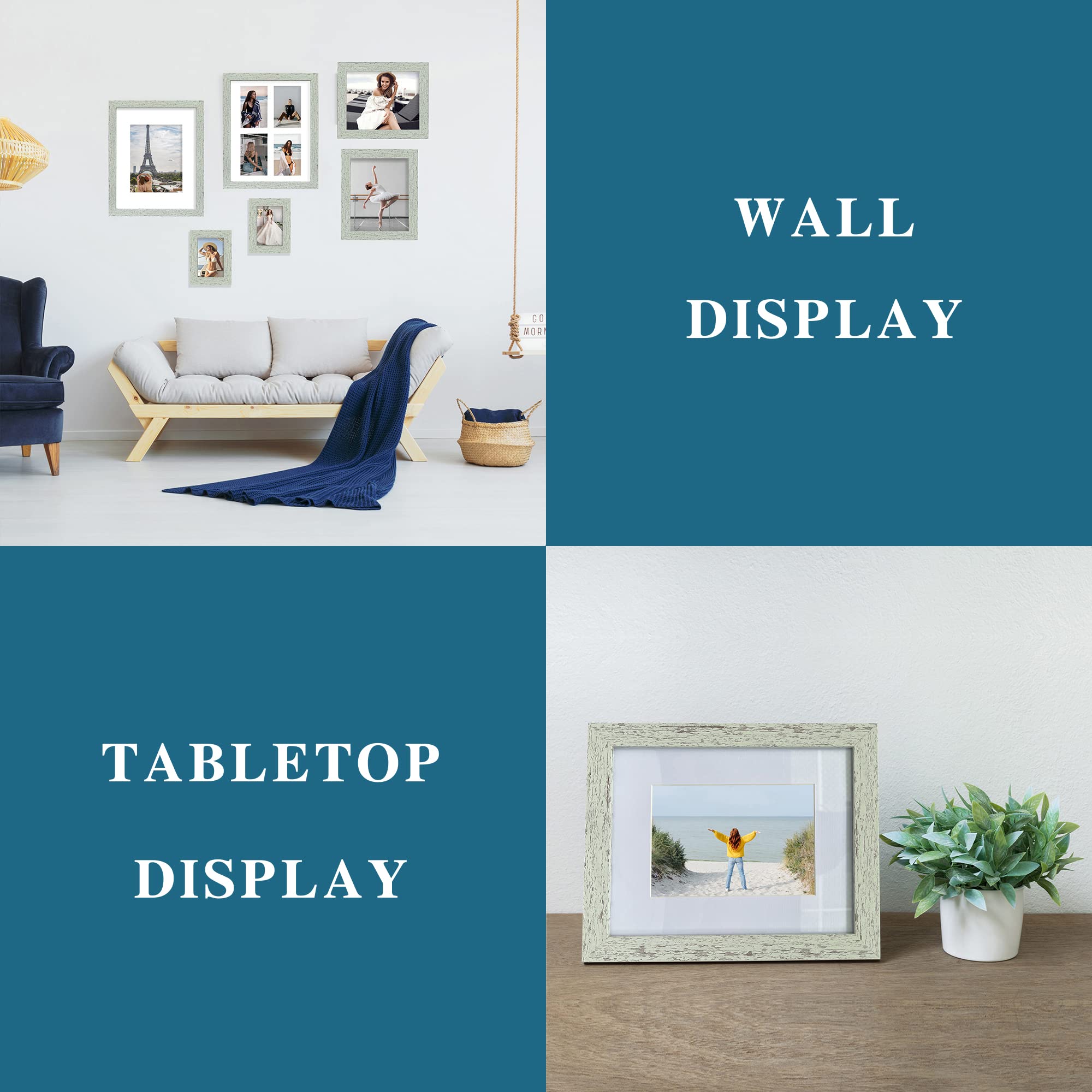 Hongkee 4x6 Picture Frame Set of 4, Made of Real Glass and Sage Green Wooden Frame, 4 by 6 Photo for Wall or Tabletop - Display