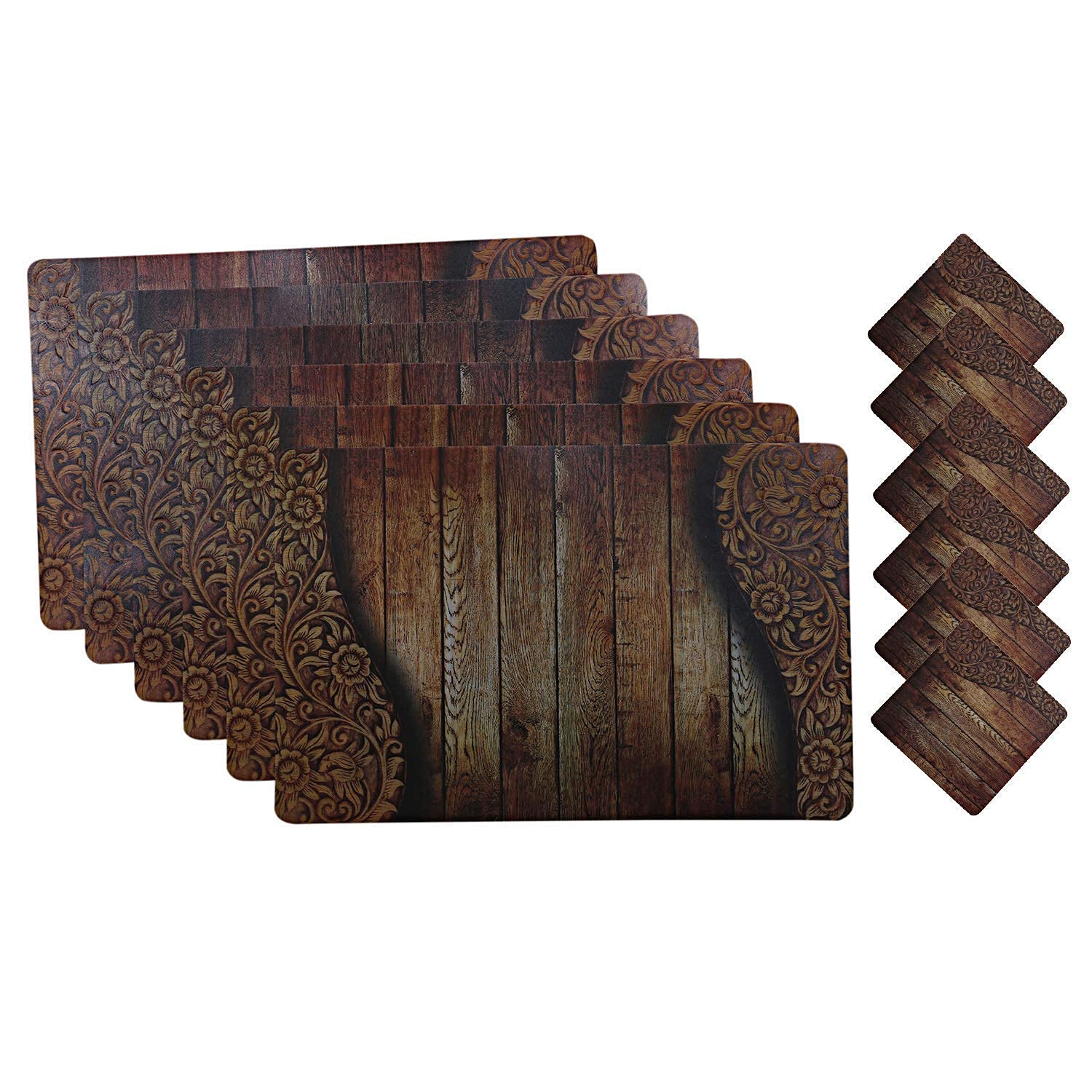 Kuber Industries Flower Pot Design Floral Pvc 6 Piece Dining Table Placemat Set With Tea Coasters - Brown