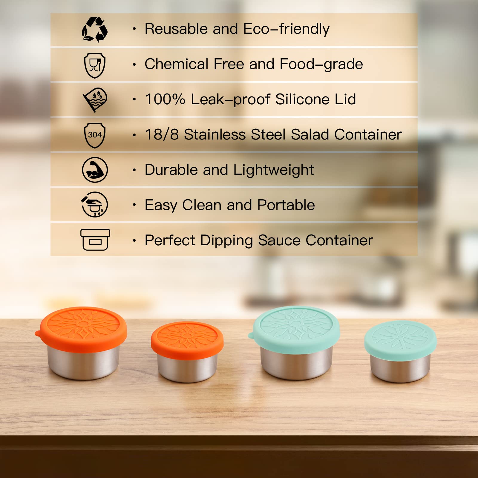 Sukki Stainless Steel Condiment Containers - 4 Pcs Salad Dressing Containers With Food Grade And Leakproof Silicone Lids - 2X3.4