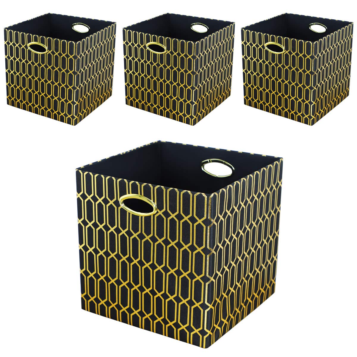 Posprica Storage Bins, Storage Cubes,13  13 Fabric Drawers Organizer Basket Boxes Containers (13  13  13/4Pcs, Black/Gold Geomet