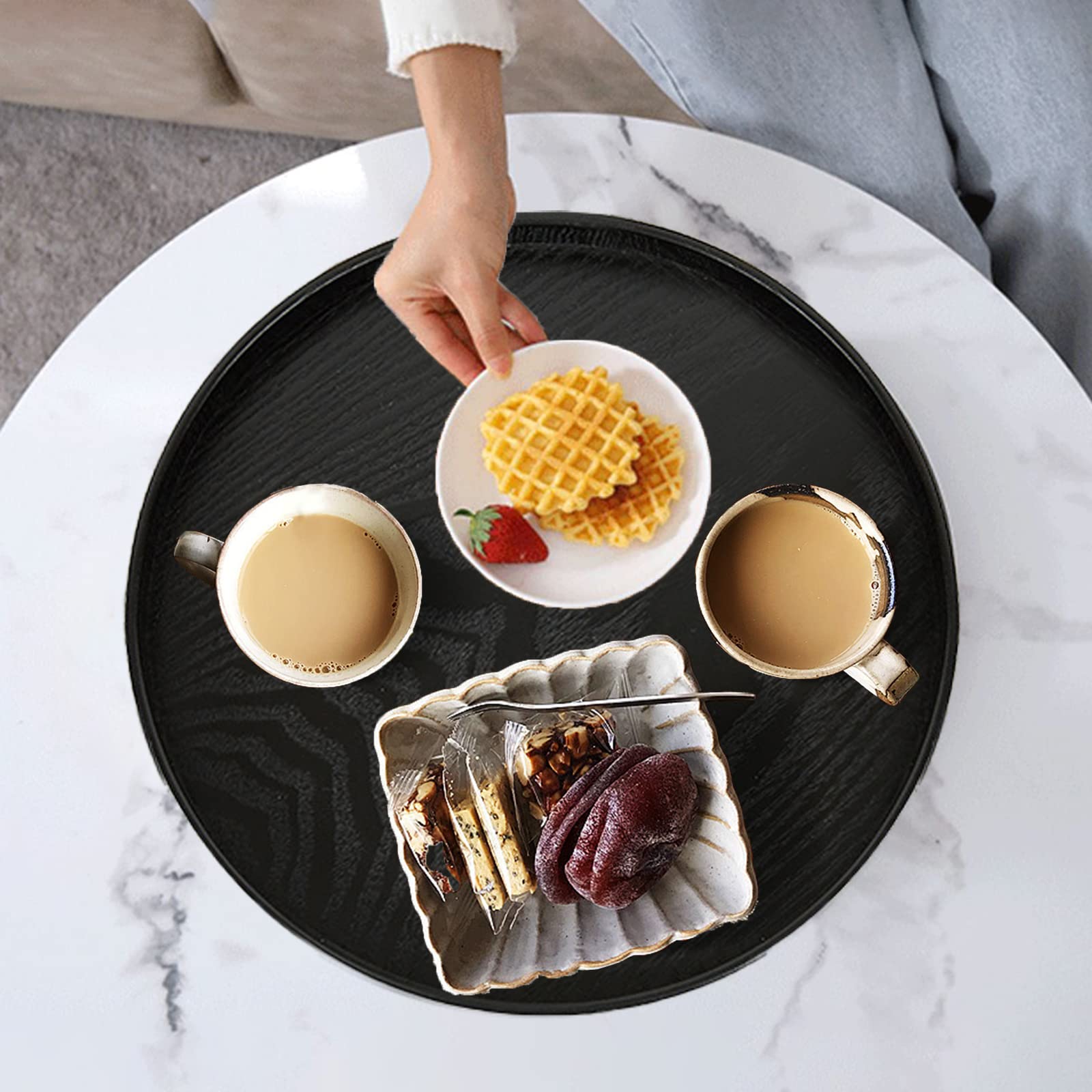Round Solid Wood Serving Tray Extra Large Tea Coffee Snack Food Meals Serving Plate Non-Slip Kitchen Party Bar Server Ottoman Tr