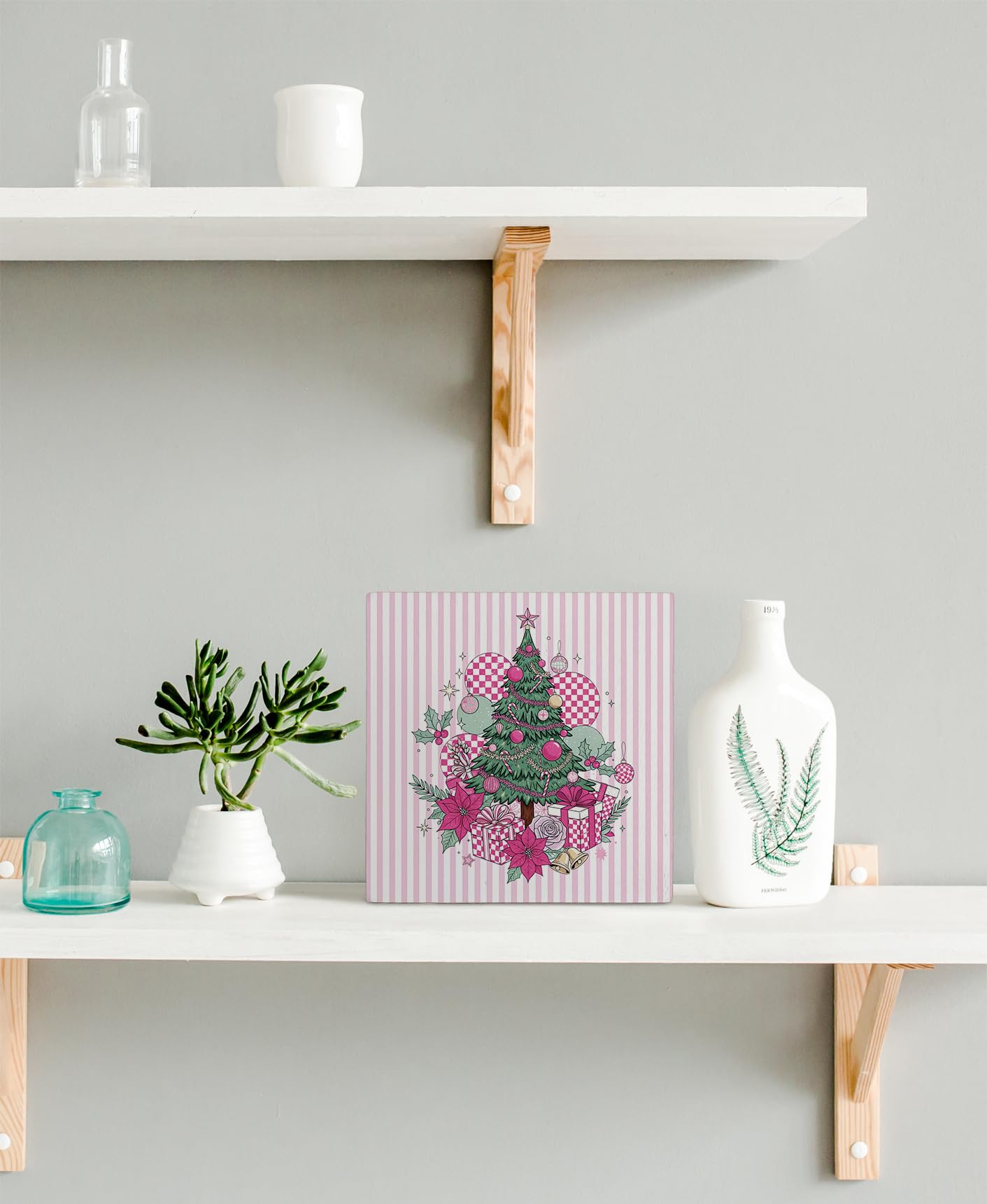 kunlisa Pink Christmas Tree Wooden Sign, Pink Christmas Desk Decor, Preppy Festive Xmas Tree Poinsettias Wood Box Sign for Home