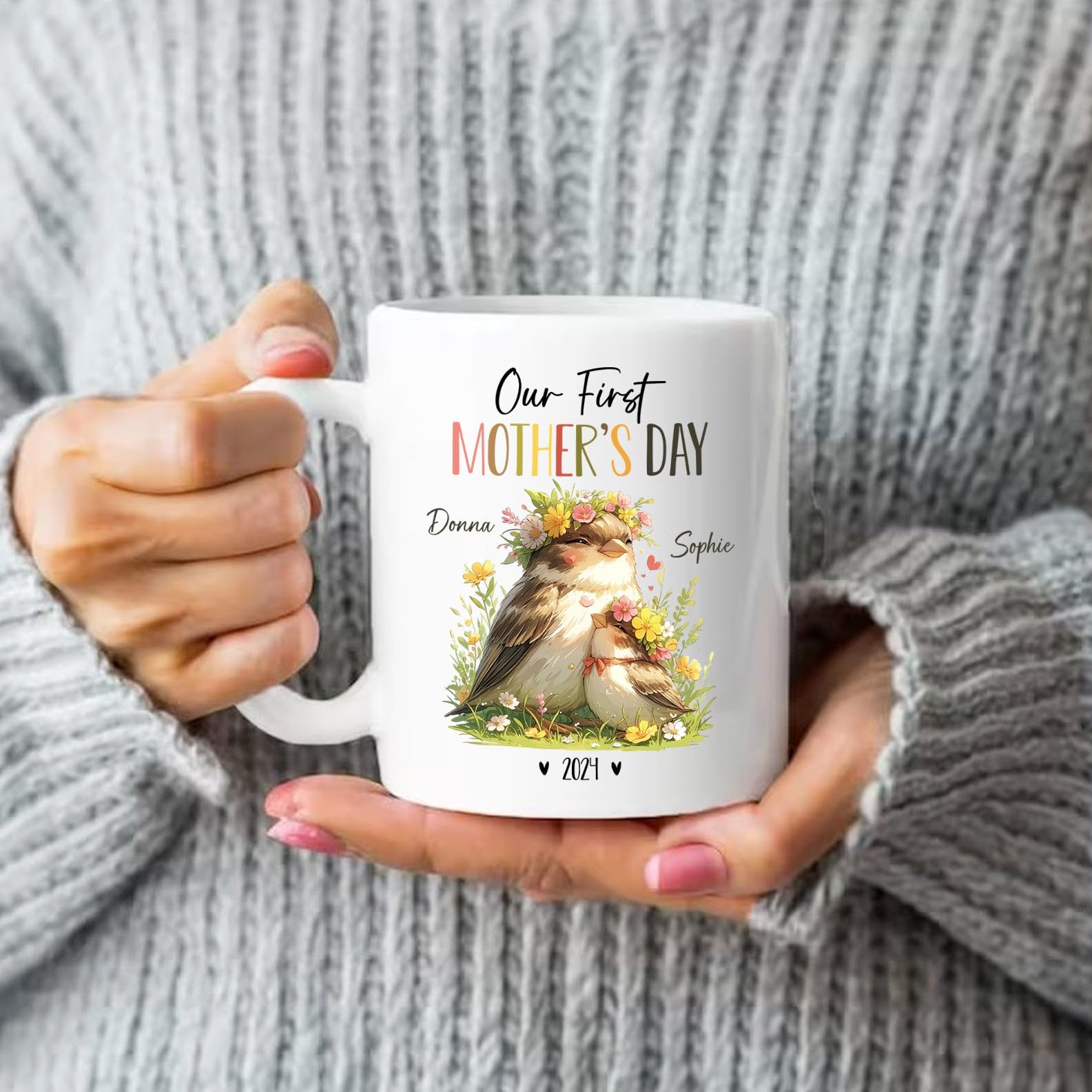 Mom And Baby Sparrow Mugs, Custom Mummy & Baby Sparrow Coffee Cup, Animal Ceramic Mug For New Mom Newborn, Personalized Our Firs