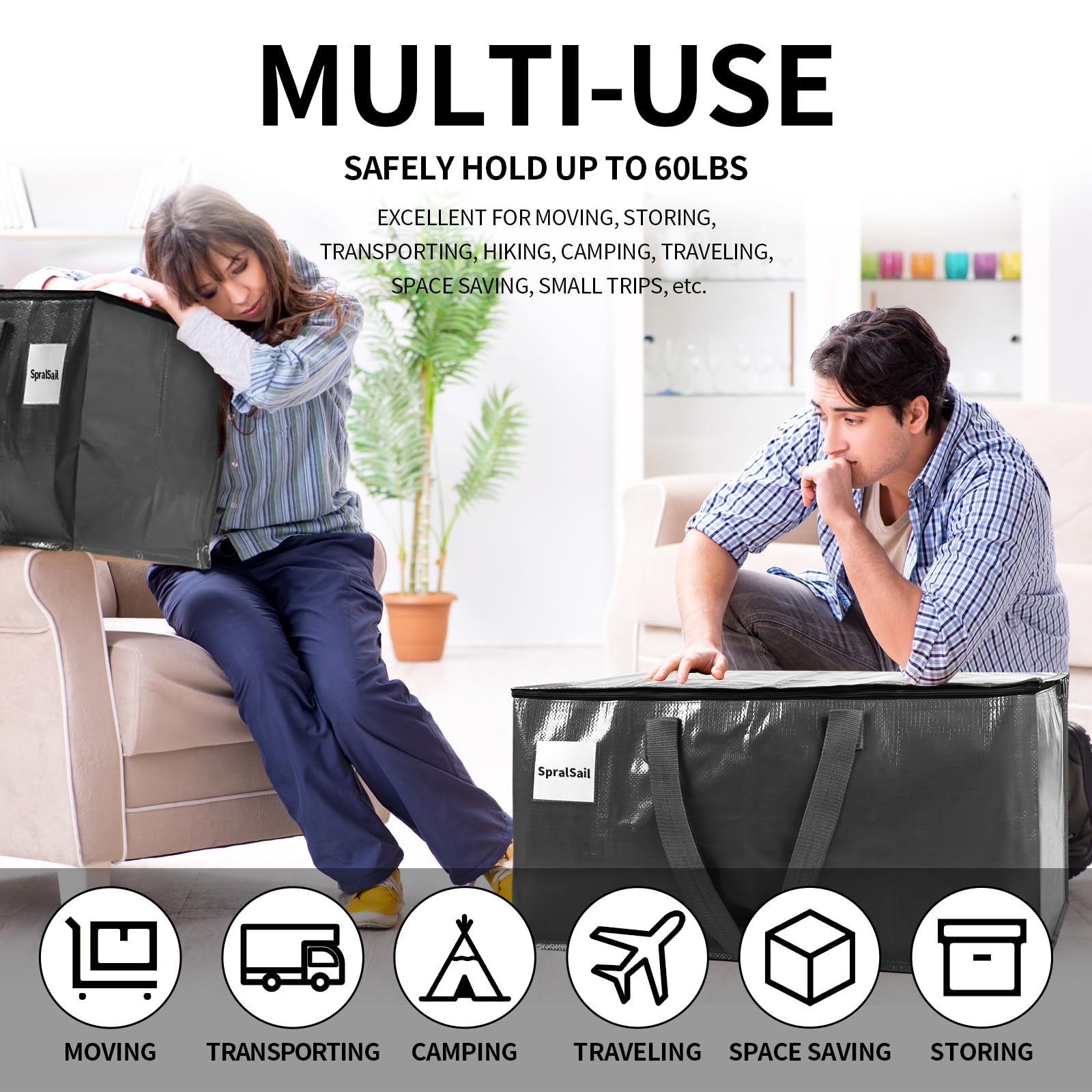 Spralsail Moving Bags, 93L Extra Large Storage Bags With Zippers & Handles, Waterproof Totes For Storage Clothes, Bedding & Blan