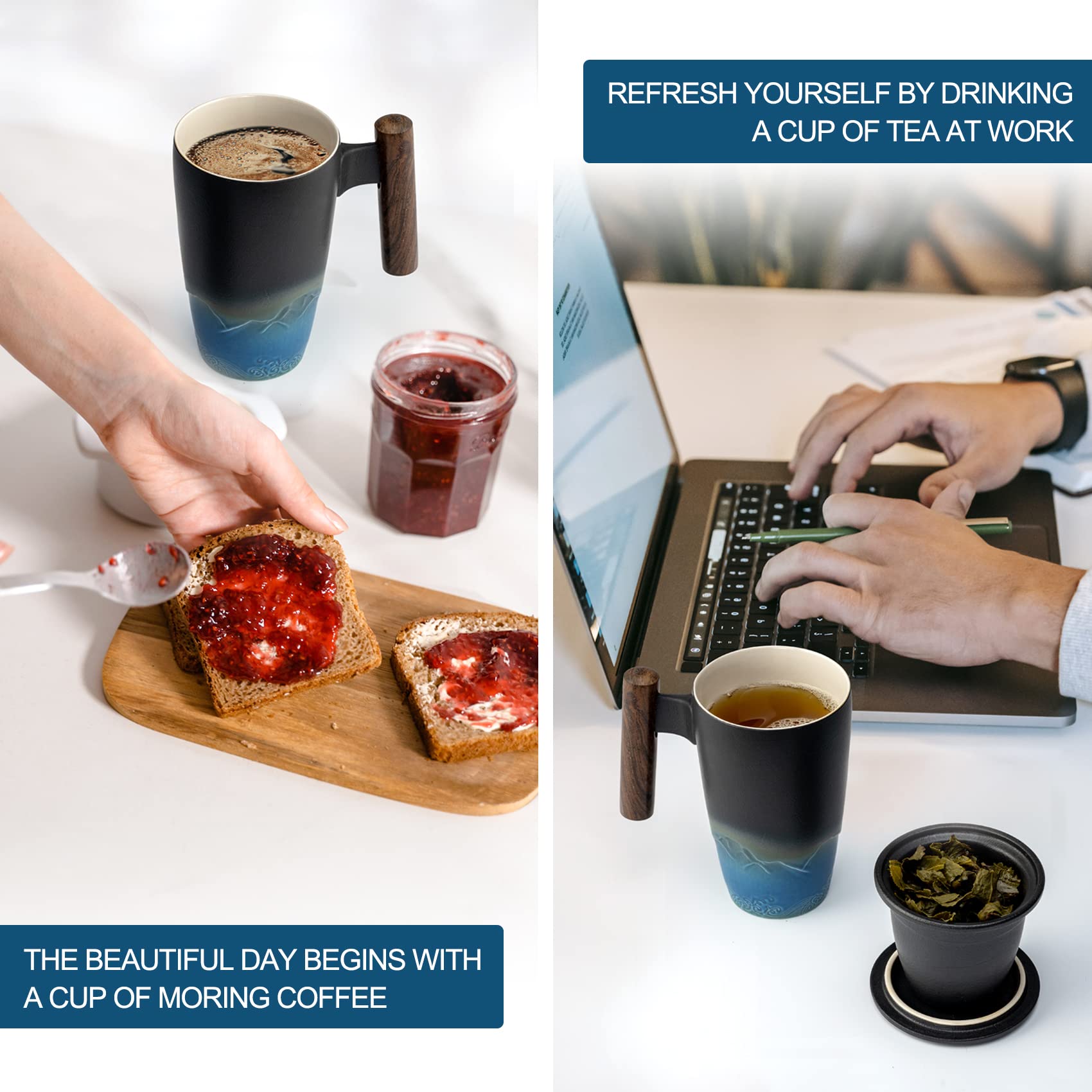 Suyika Tomotime Ceramic Tea Cup With Infuser And Lid Tea Mugs Wooden Handle 400Ml/13.5Oz Black Cyan