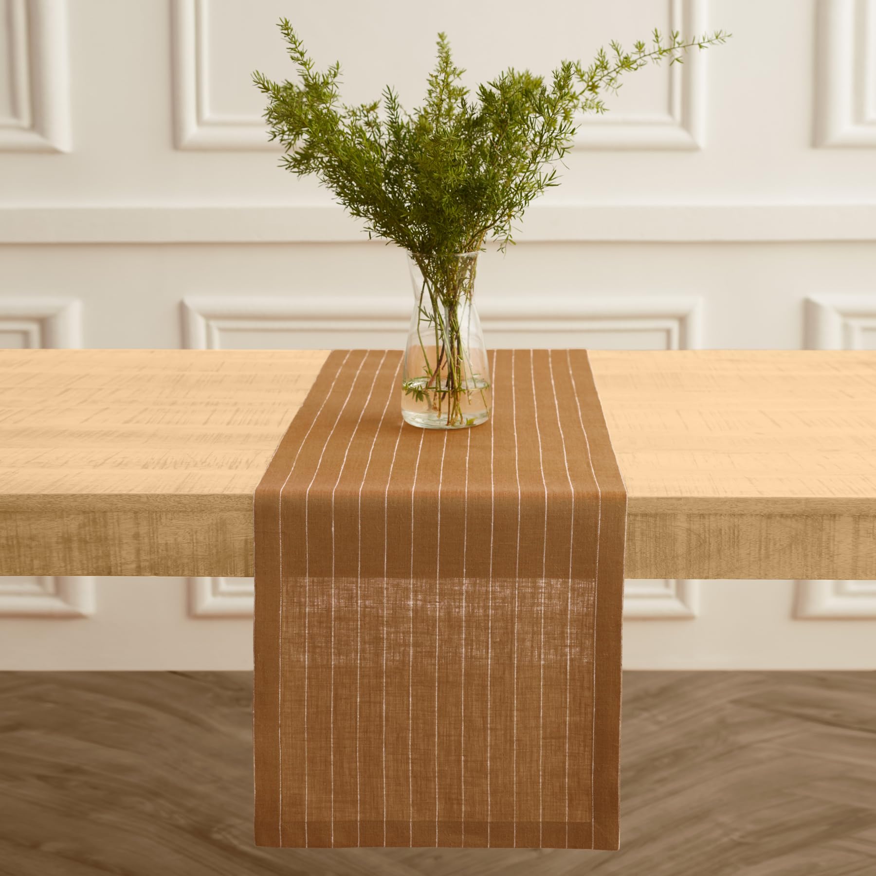 Solino Home Pinstripe Linen Camel And White Table Runner 120 Inches Long - 100% Pure Linen Dining Table Runner 14 X 120 Inch Ide