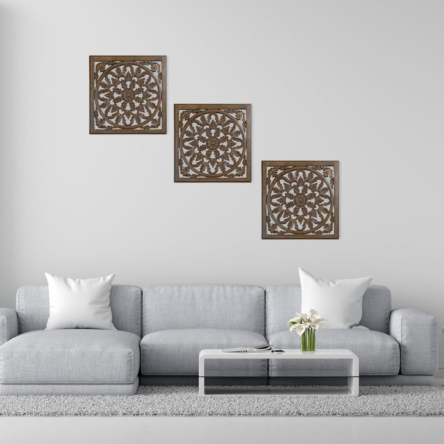 SPACE WOOD Wall Hanging Panel | Decorative Frame for Living Room | MDF Wooden Decor for Home, 12x12 Inches, Brown (Pack of 3)