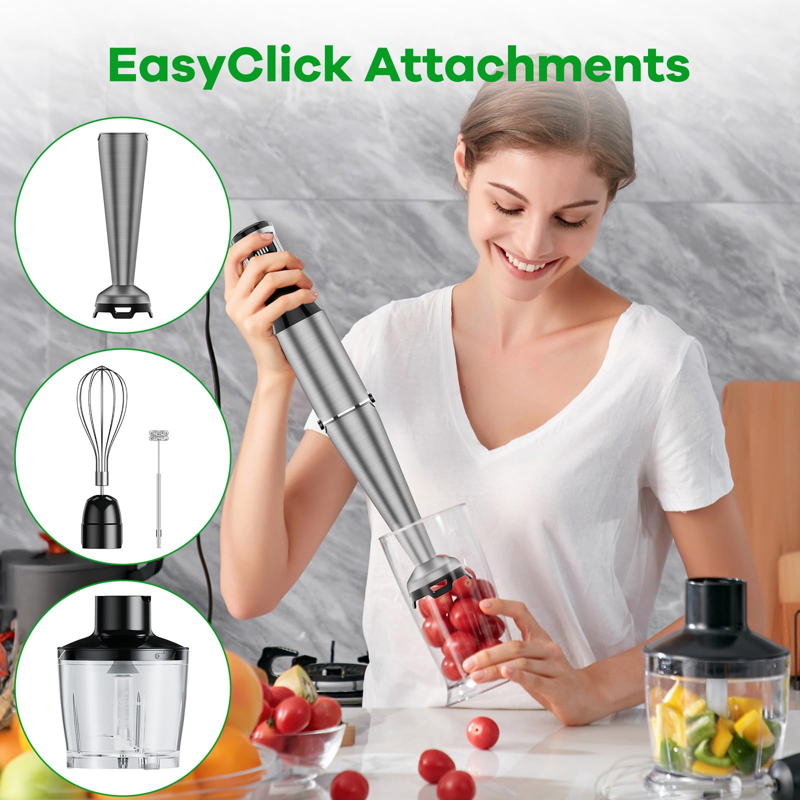 Turelar Immersion Blender 1100W Handheld Stick Blender with Chopper, Whisk & Frother, Silver, Model 8808-HB02