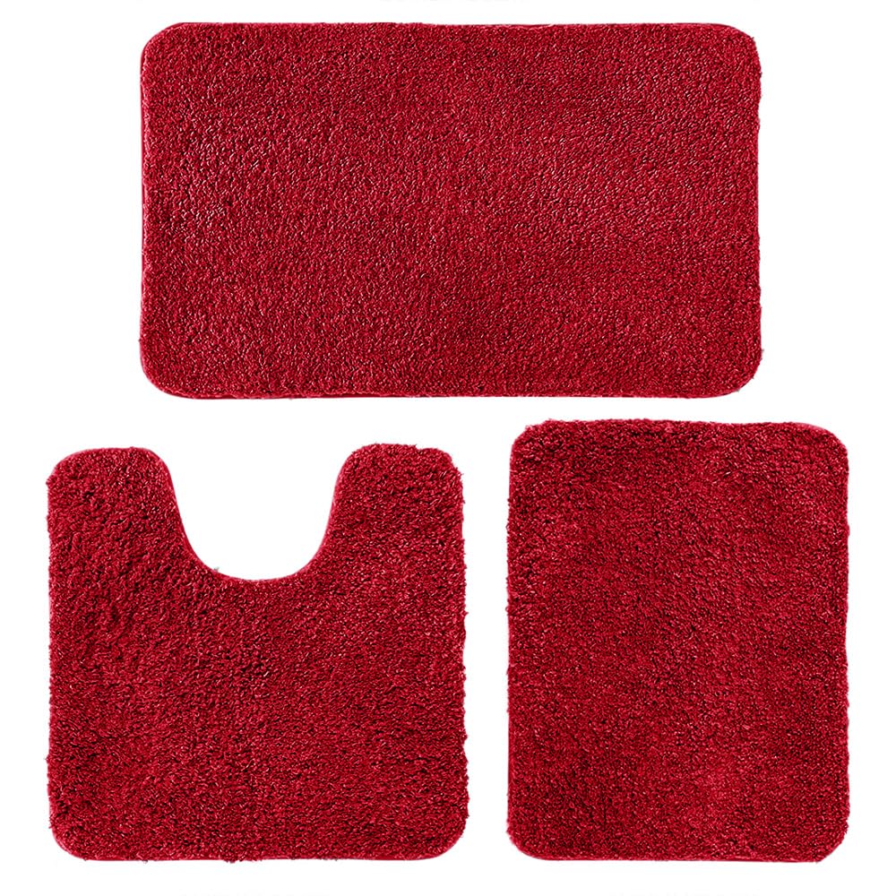 Miulee Christmas Red 3 Pieces Bathroom Rugs And Mats Sets Extra Thick Non Slip Microfiber Bath Mats And U-Shaped Contour Toilet
