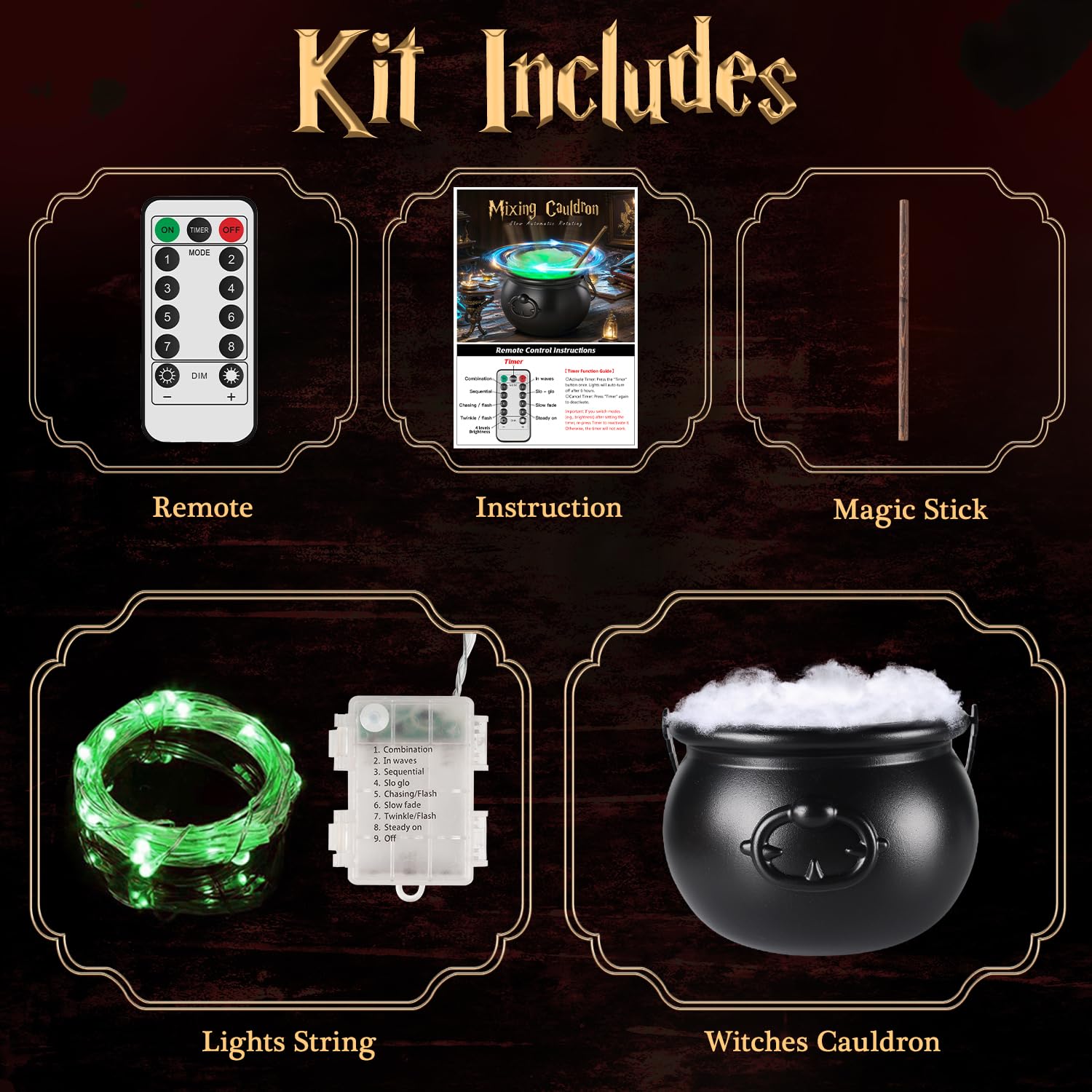Zidmo Halloween Decorations Indoor - Magic Auto Mixing Witches Cauldron - Black Plastic Punch Bowl Decor with Light String, Time