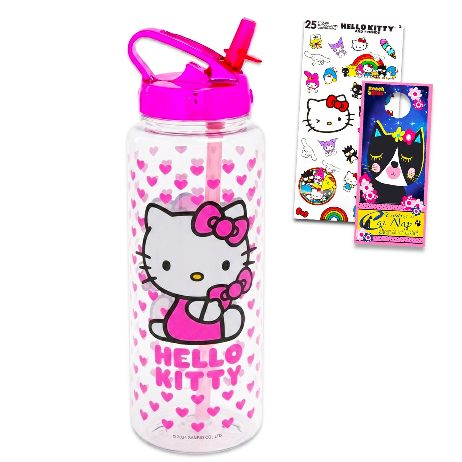 Hello Kitty Reusable Water Bottle  Bundle with Plastic Water Bottle with Spout for Home, School, Sports Plus Sticker, More