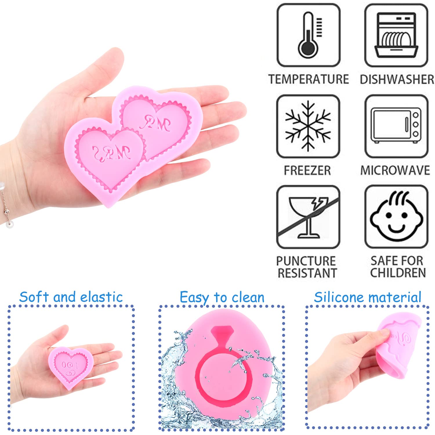 Mujiang Heart Mr Mrs I Do Silicone Fondant Mold Thank You Ring Candy Chocolate Mold For Wedding Cake Decorating Gum Paste Polyme