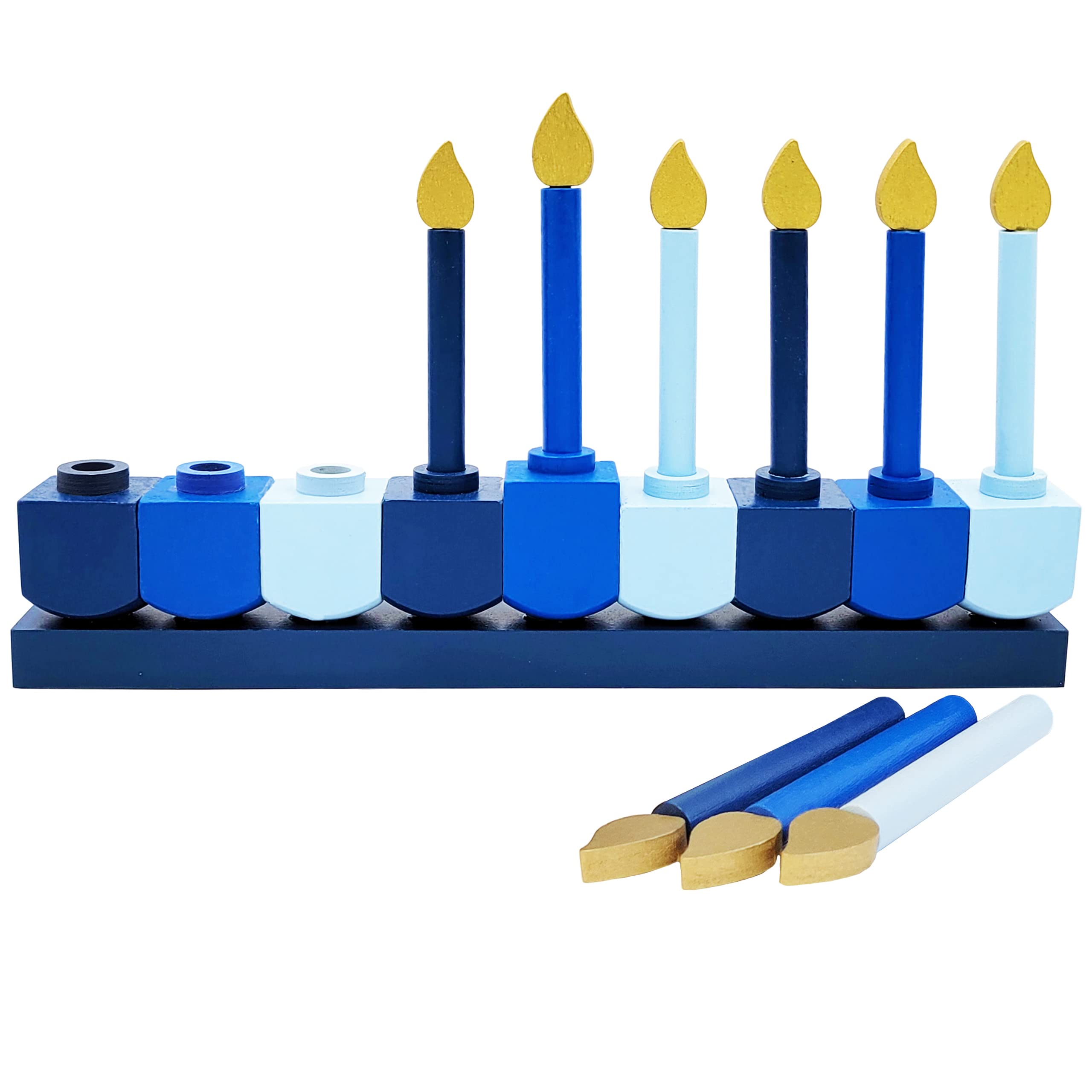 The Dreidel Company Hanukkah Childrens Wooden Chanukah Menorah, Dreidel Design with Removable Candles (1)