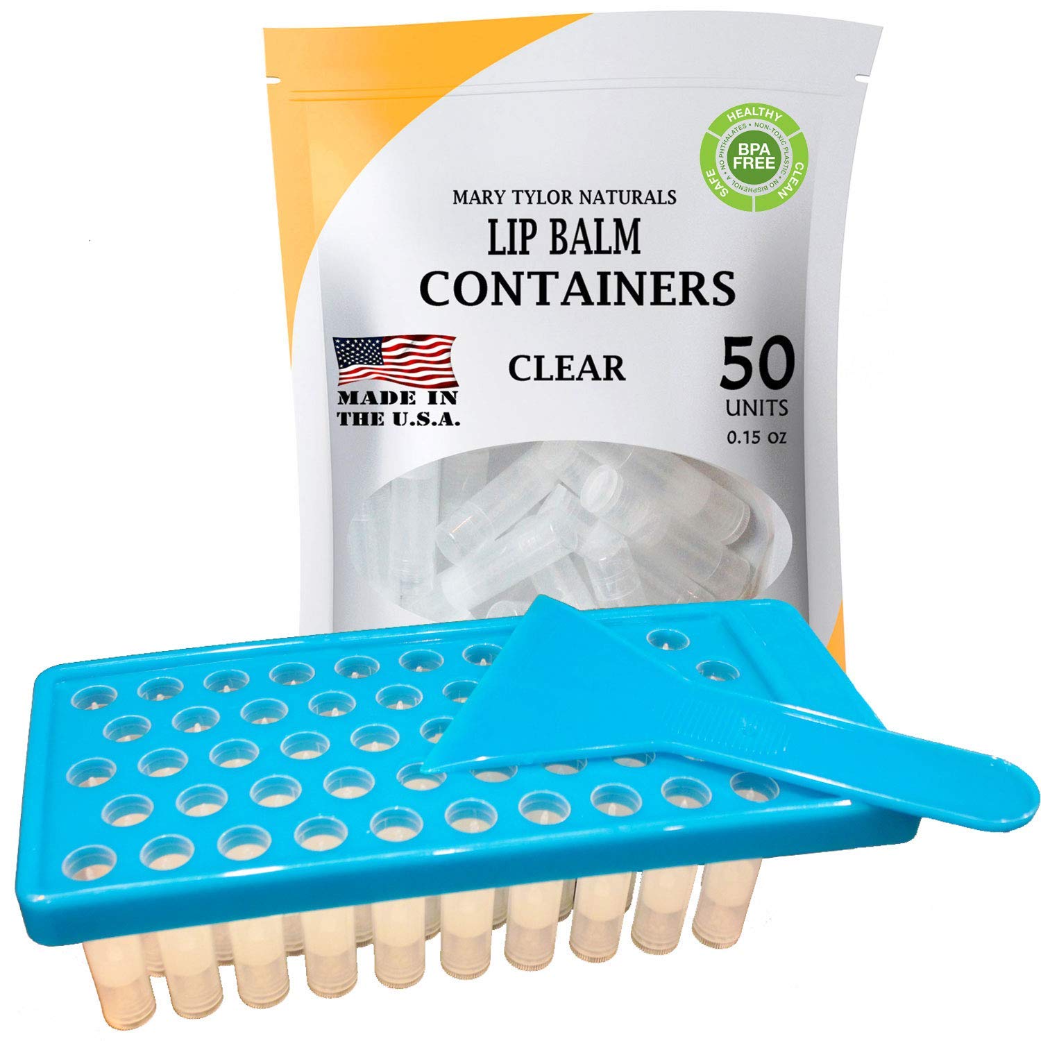 Lip Balm Container Tray Kit With Fill Tray And Spatula, Bpa Free, Made In The Usa, Includes 50 Clear Containers With Caps (0.15