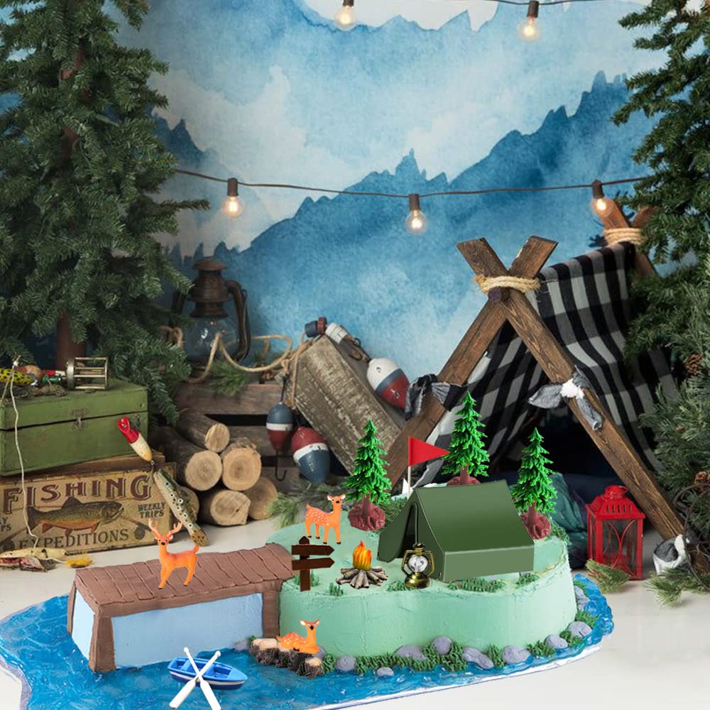 15Pcs Camping Cake Decorations - Camping Cake Toppers Fireside Camp Decor Set For Kids Camper Camping Fans' Birthday Party Cake