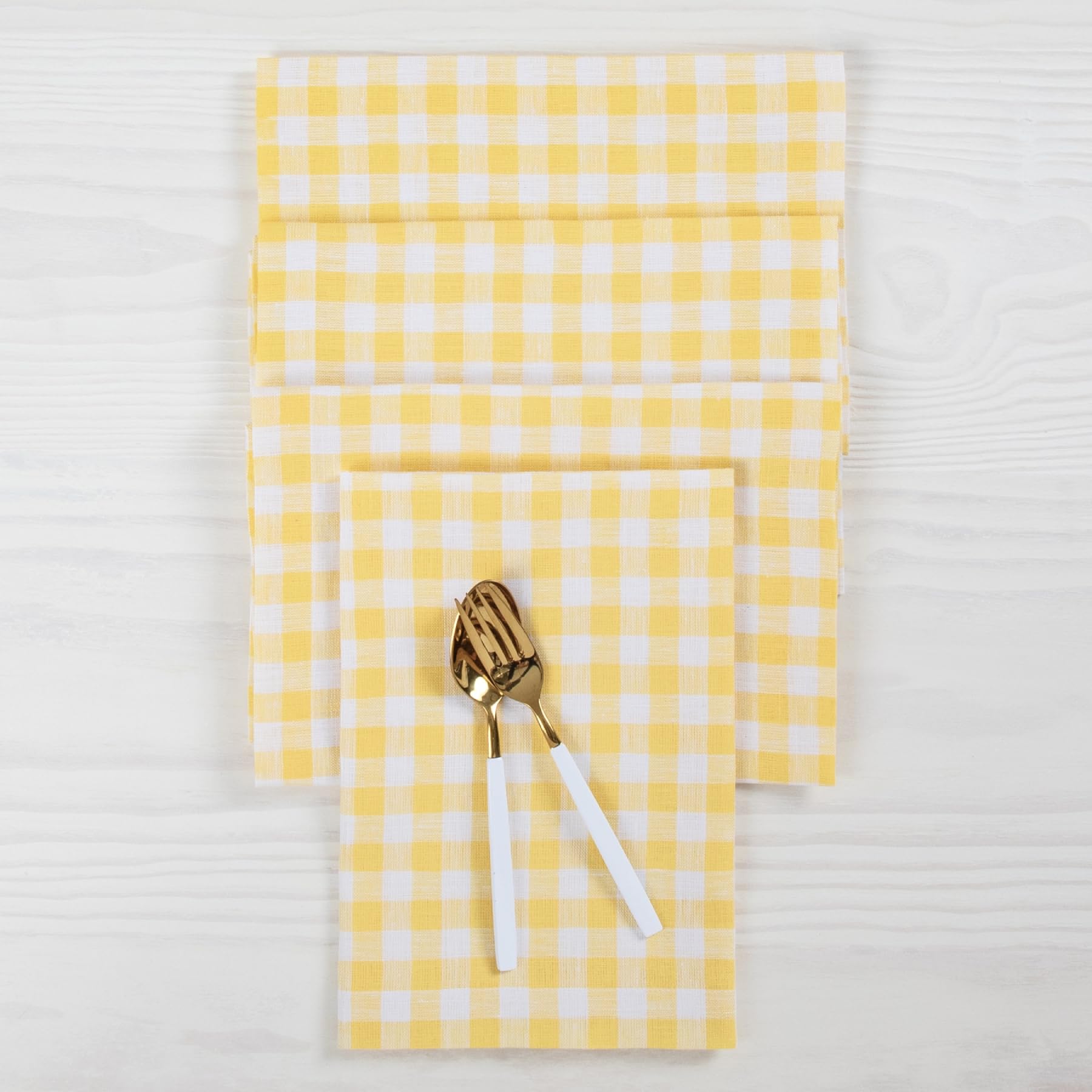 Solino Home Gingham Check Linen Napkins Set Of 4 - 100% Pure Linen Marigold Yellow Plaid Napkins 20 X 20 Inch - Machine Washable