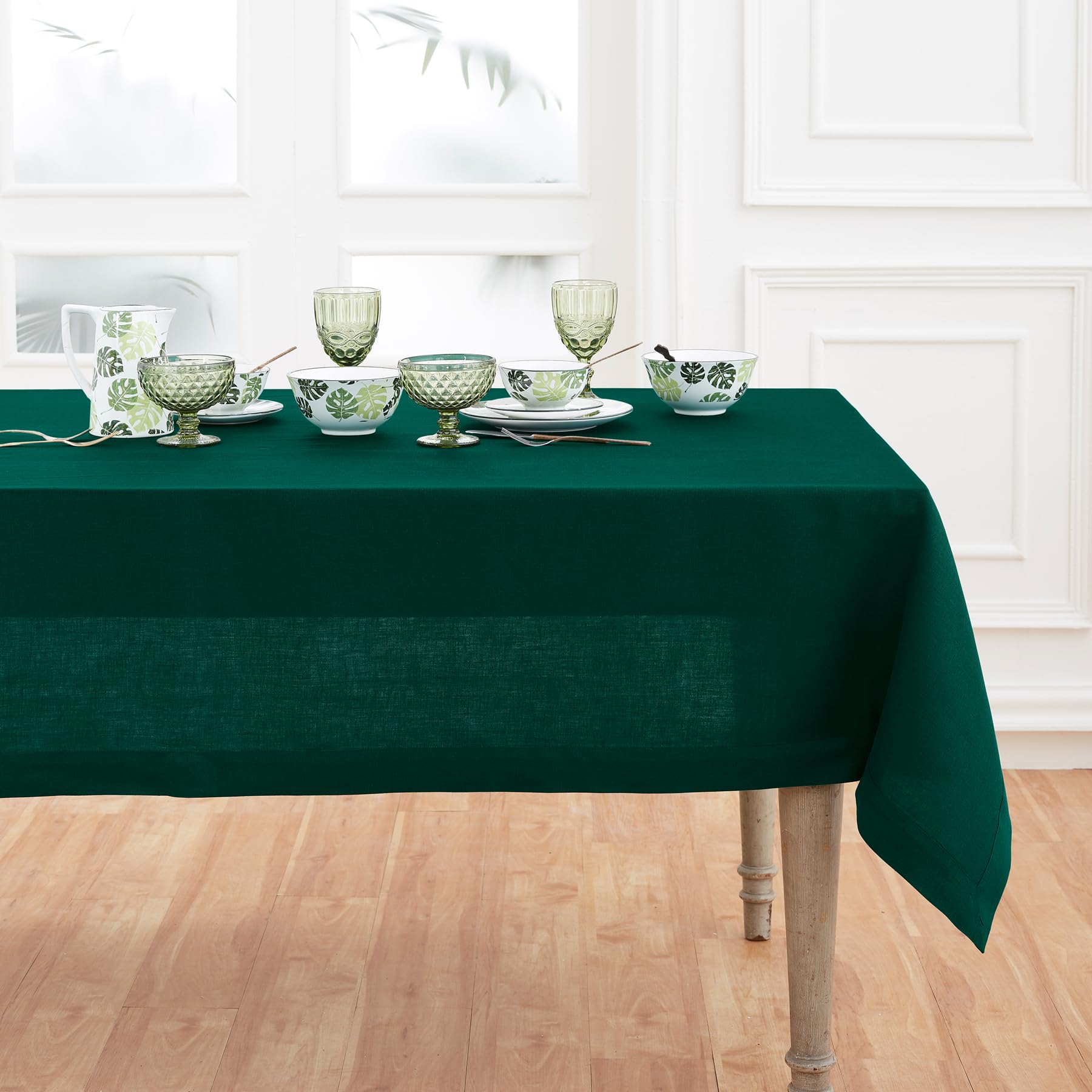 Solino Home Rainforest Green Linen Tablecloth 108'' L X 60'' W Inch - Fete, 100% Pure Linen Table Cloth For Rectangle Tables - M