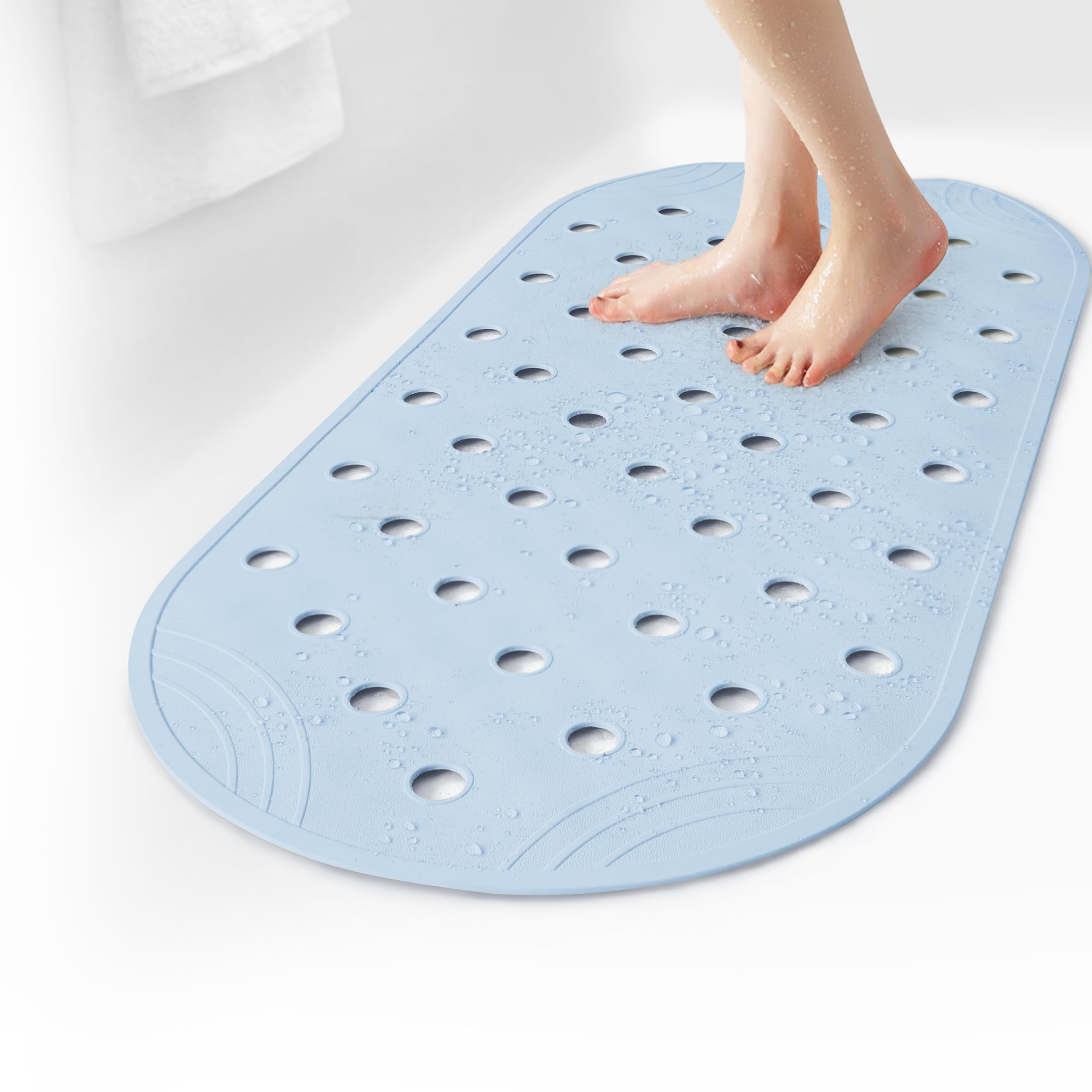 Selfsuite Rubber Bathtub Mat Shower Mat Non-Slip, 31X14 Inch, Bath Tub Floor Mat With Suction Cups And Drainage Holes, Light Blu