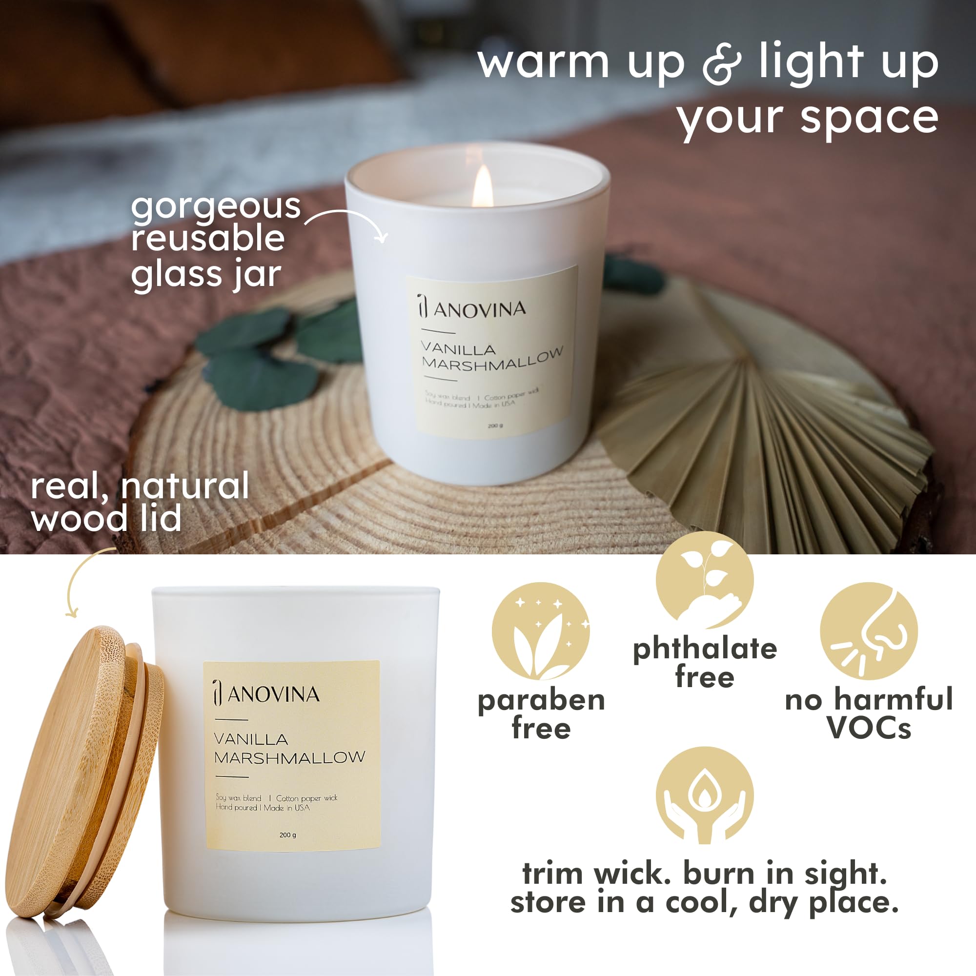 Anovina Vanilla Scented Candle with Gift Box. Candles for Home, Secented Candle Gifts for mom, Glass Jar with Bamboo Lid Hand Po
