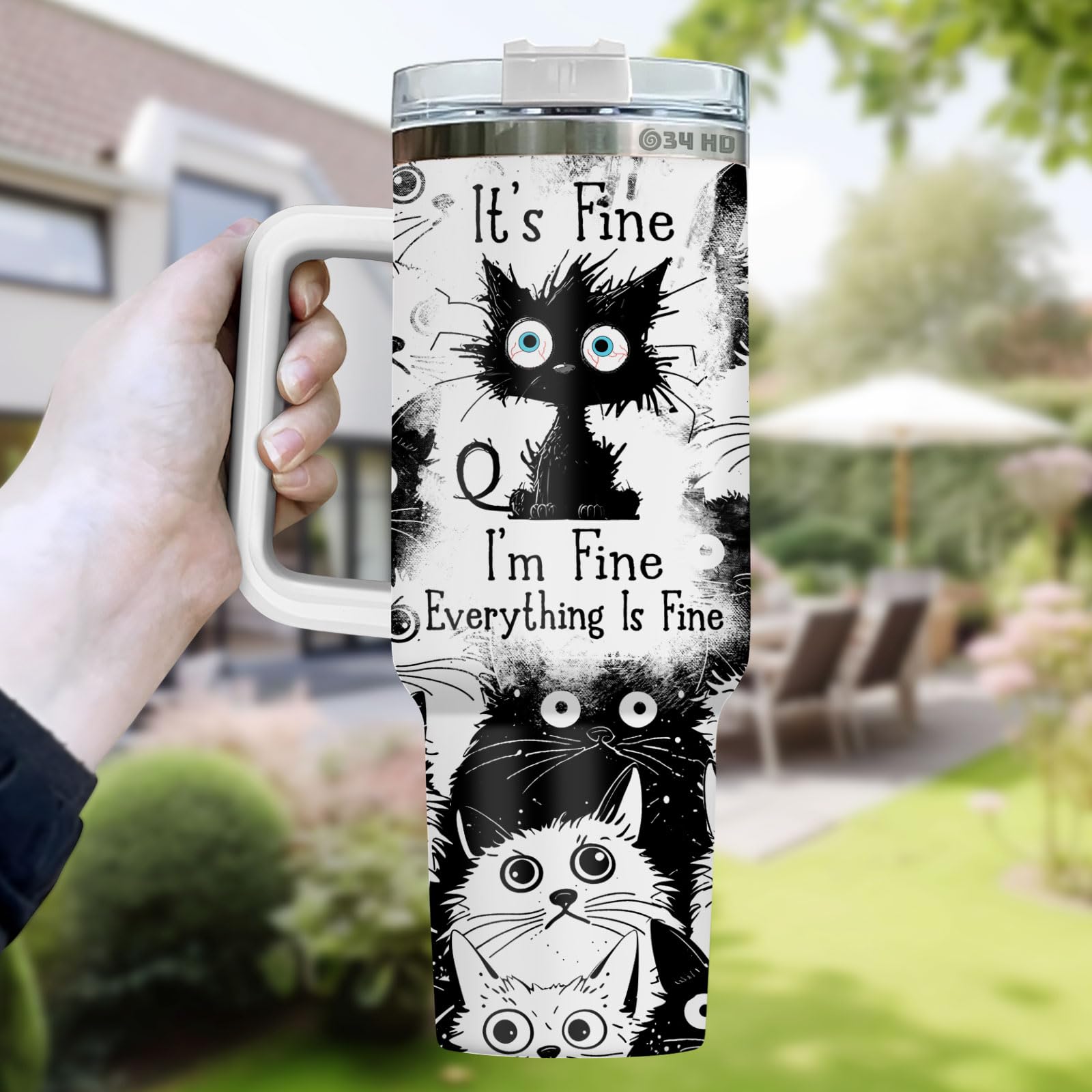 34Hd Gifts For Halloween, Crazy Cat Tumbler With Handle And Straw 40 Oz Stainless Steel, Black Cat Cup, It'S Fine I'M Fine Mug,