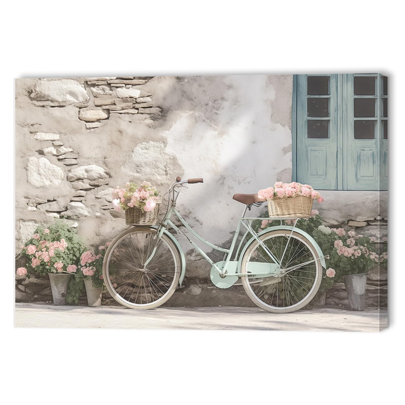 Qixiang Farmhouse Bicycle Picture Wall Decor Teal Bike With Flowers Canvas Paintings Art For Farm Home Wall Decor Framed (Bicycl