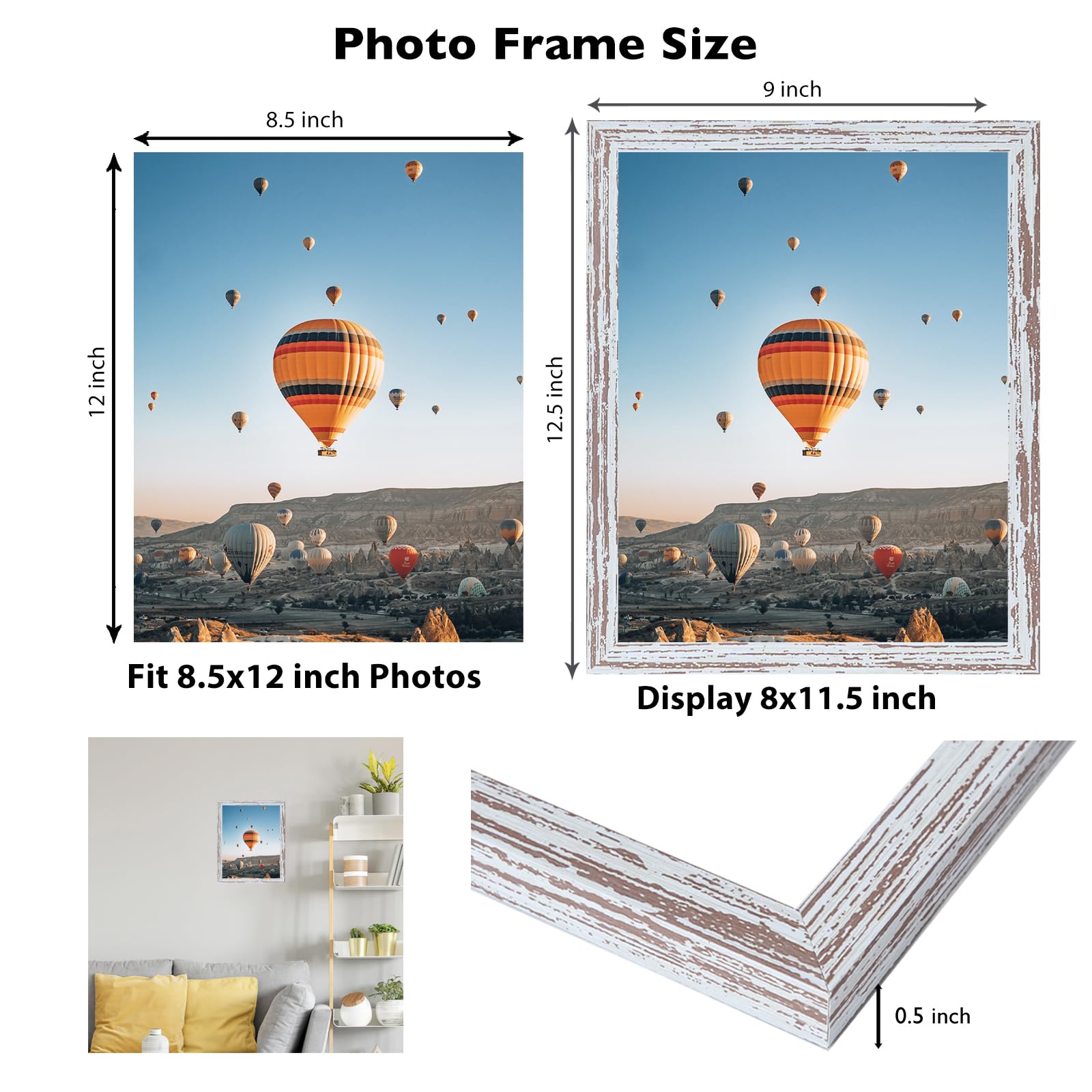 8.5x12 Picture Frame Rustic White for Wall Hanging or Tabletop, Wall Mounting Horizontally or Vertically, 8.5 x 12 Wall Gallery