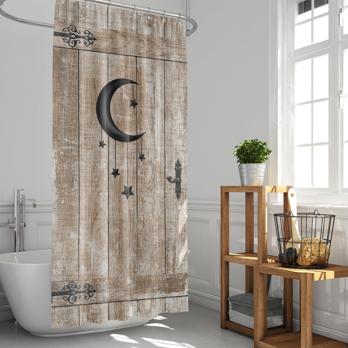 Zxmbf Moon Star Barn Door Shower Curtain Small Stall Rustic Wooden Plank Vintage Farmhouse Country Old Garage 72Lx36W Inch Home