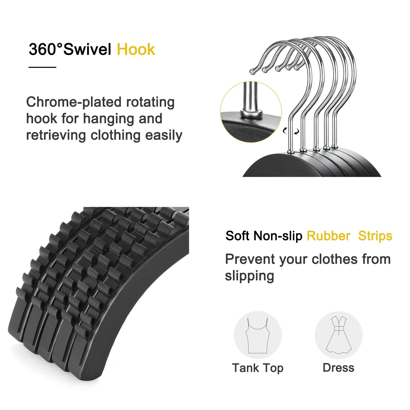 Topia Hanger Slim Wooden Hangers With Extra Soft Non-Slip Rubber Grips, 18-Pack High-Grade Fashion Black Hanger No Shoulder Bump