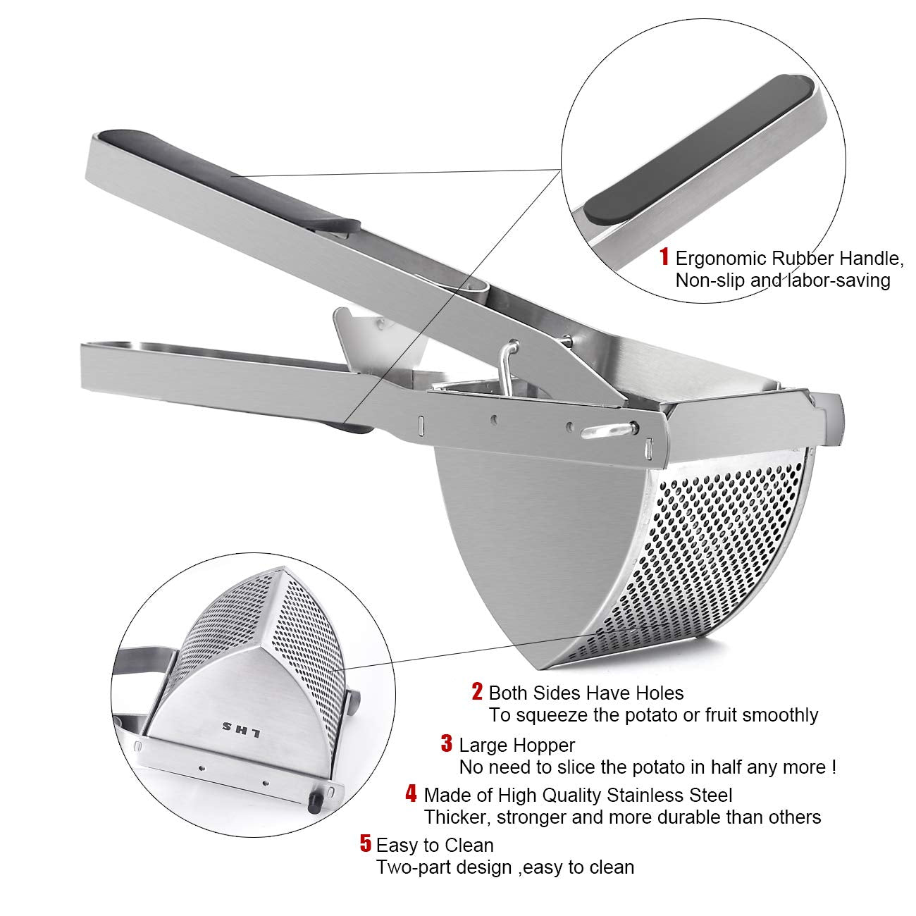 LHS Potato Ricer and Masher Stainless Steel Heavy Duty Commercial Baby Food Strainer  Business Fruit Masher and Food Press with Ergonomic Comfort Grip