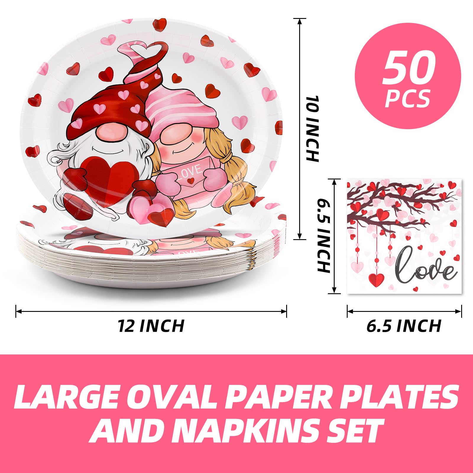 Fatlbsev 50Pcs Valentines Day Oval Paper Plates And Napkins Sets -10'' X 12'' Large Disposable Party Plates And 6.5'' Napkins Fo