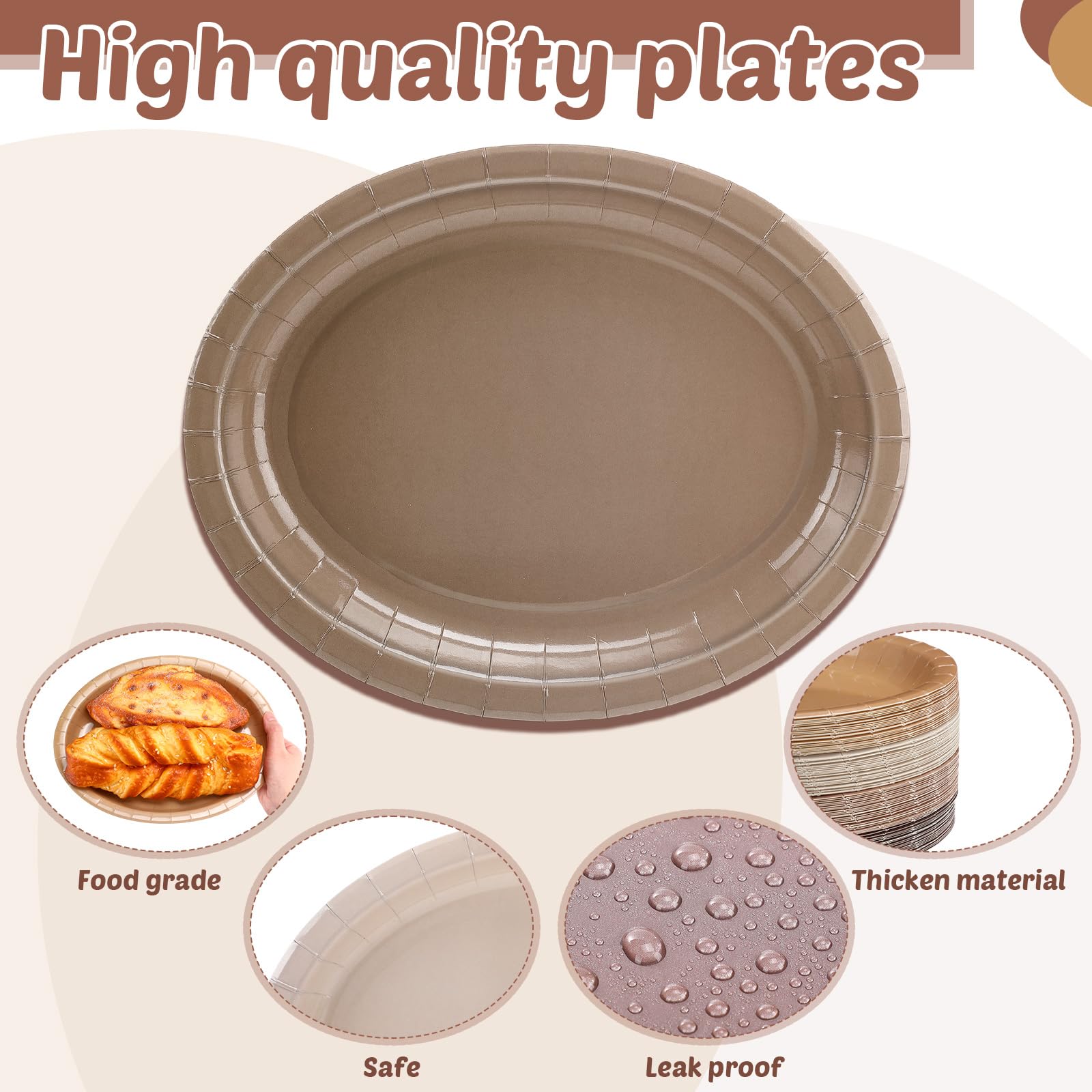 Vesici 100Pcs Brown Paper Plates Thanksgiving Party Supplies Brown Gradient Colors Farmhouse Oval Disposable Dessert Plates Pape