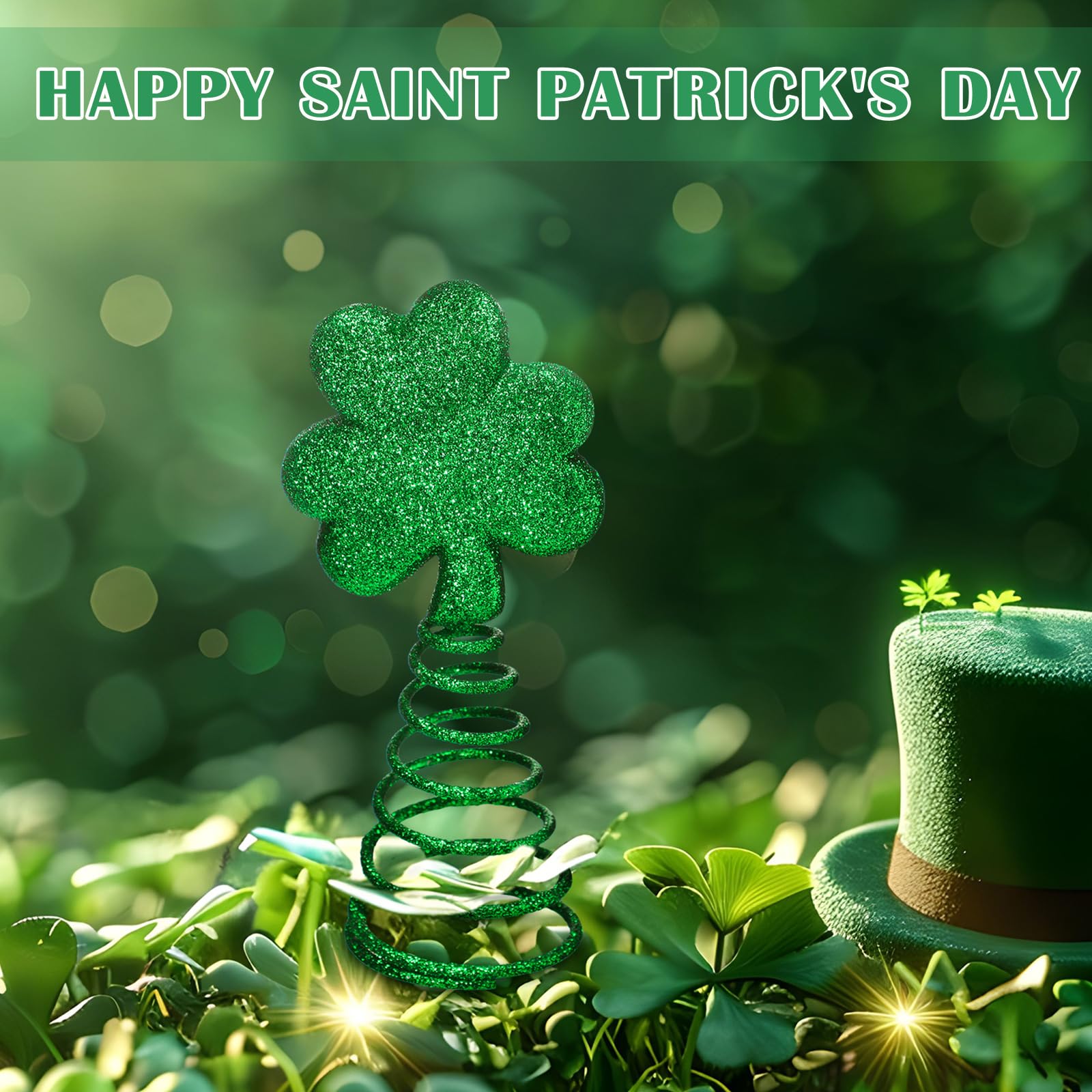 St. Patrick Day Mini Tree Topper St. Patricks 6 Inch Miniature Shamrock Christmas Tree Topper, Irish Green Decoration for Holid