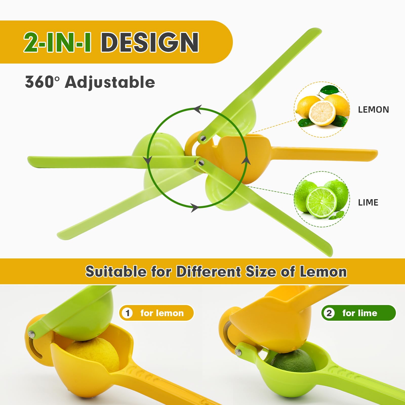Jahao 360 Adjustable 2-In-1 Lemon Juicer Squeezer Manual Lime Squeezer Hand Press Double Size Juicer Citrus Squeezer Handheld, L