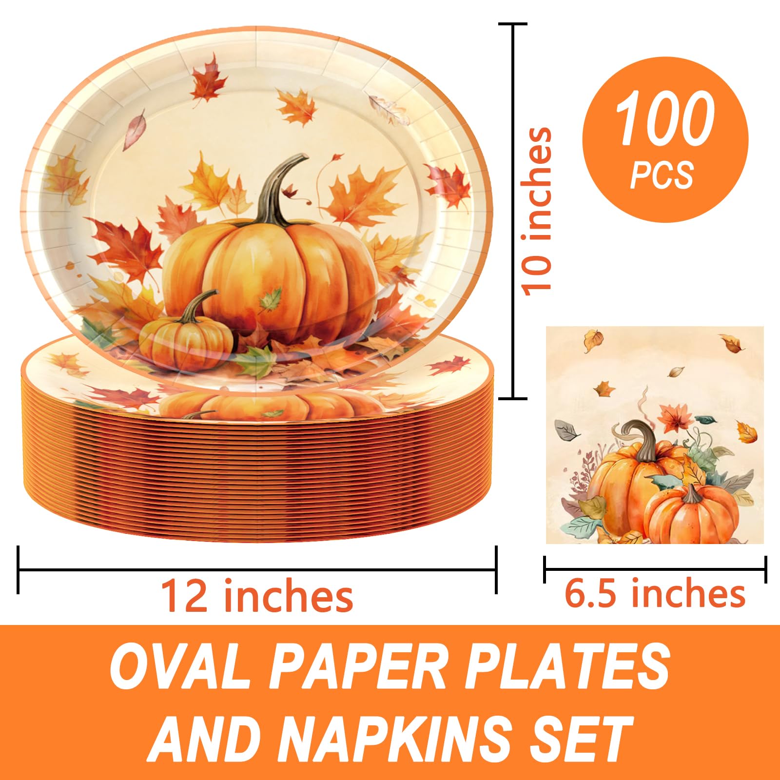 UODBUYO 100Pcs Thanksgiving Oval Paper Plates and Napkins Set,10 x 12 Large Disposable Plates for Thanksgiving Party
