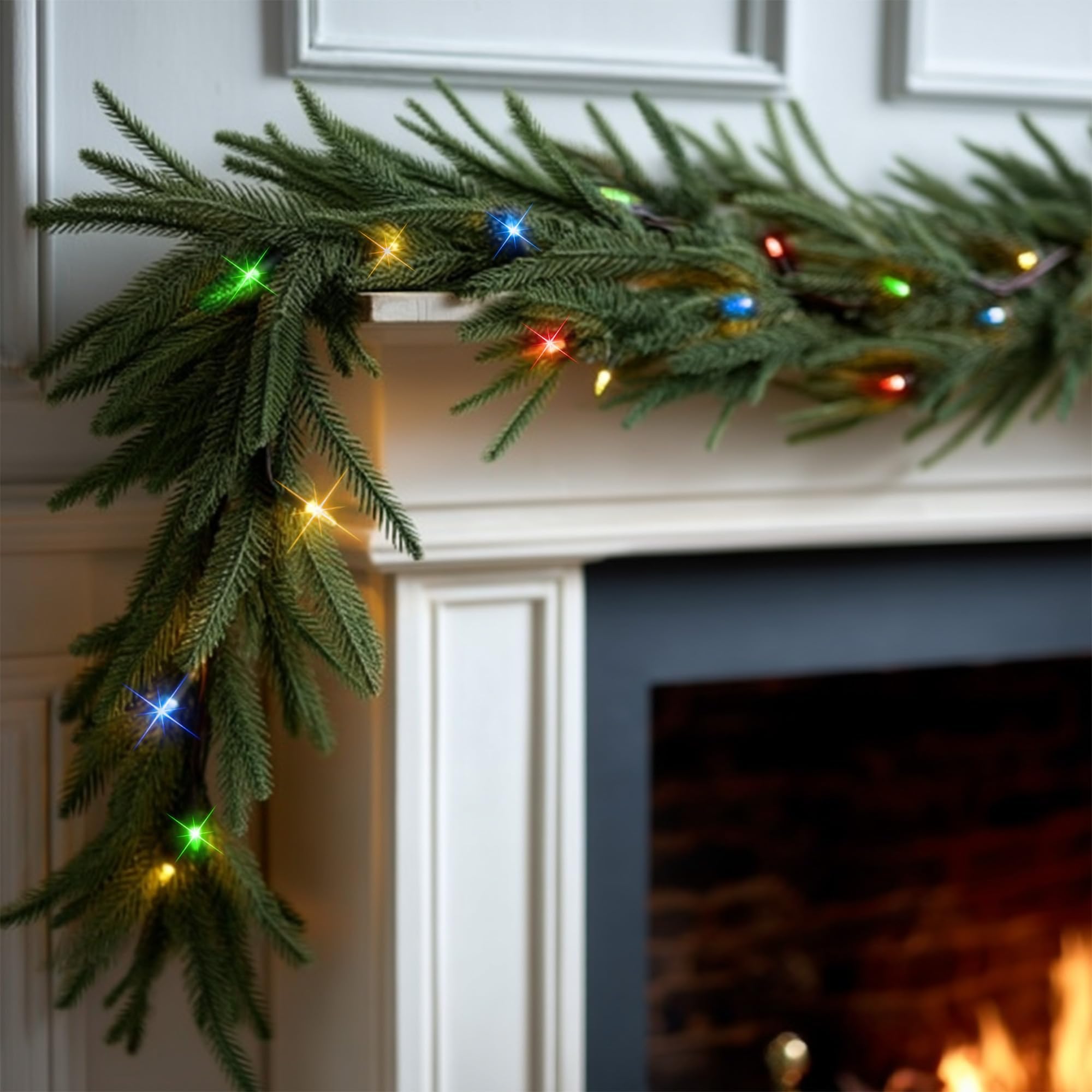 TW SHINE 9 FT Pre-Lit Christmas Garland Decorations, 50 LED Lighted Artificial Norfolk Pine Garlands with 8 Modes, Green Garland