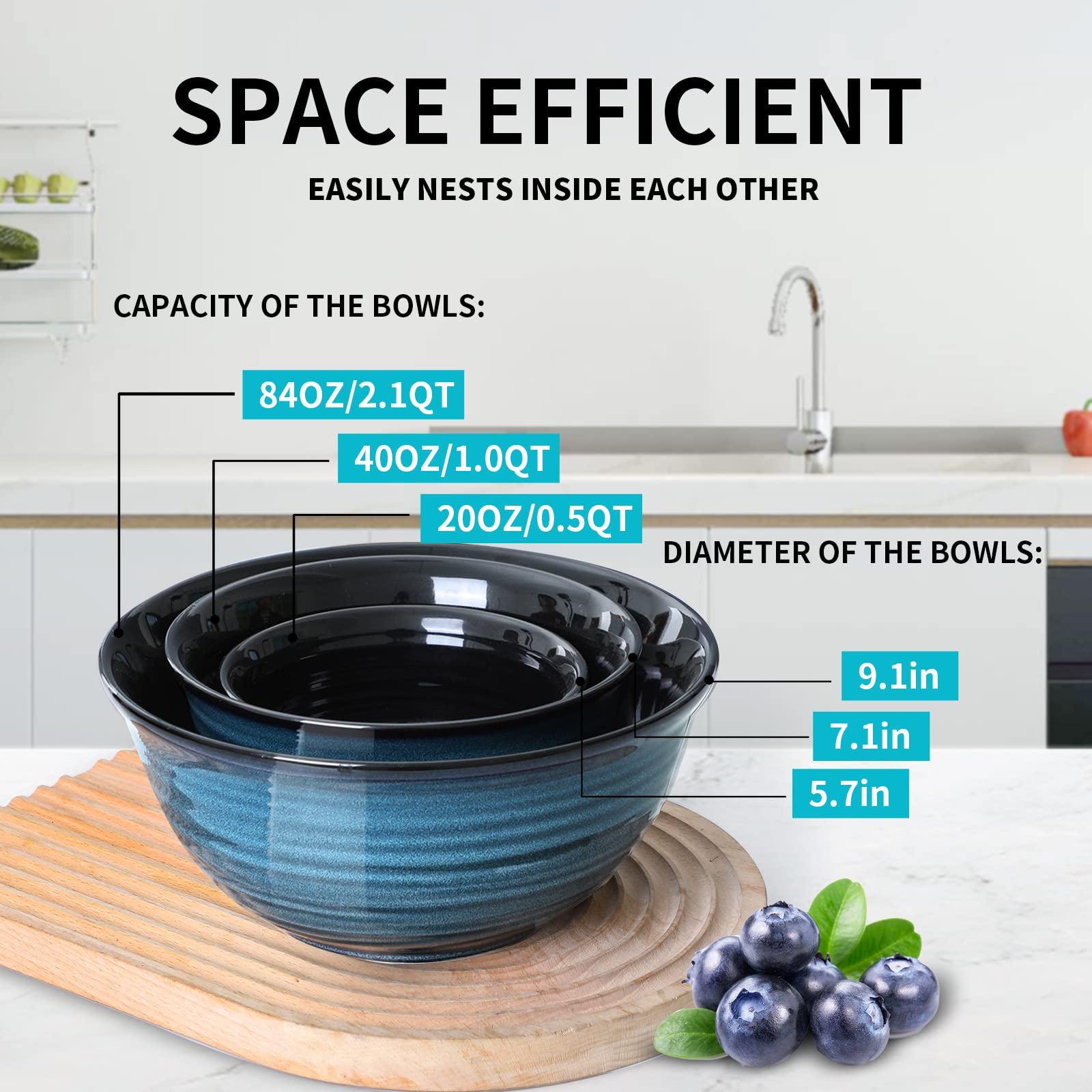 Hasense Large Mixing Bowls Set For Kitchen, Ceramic Serving Dishes For Entertaining, 2.1/1.0/0.5 Qt Deep Microwave Safe Nesting