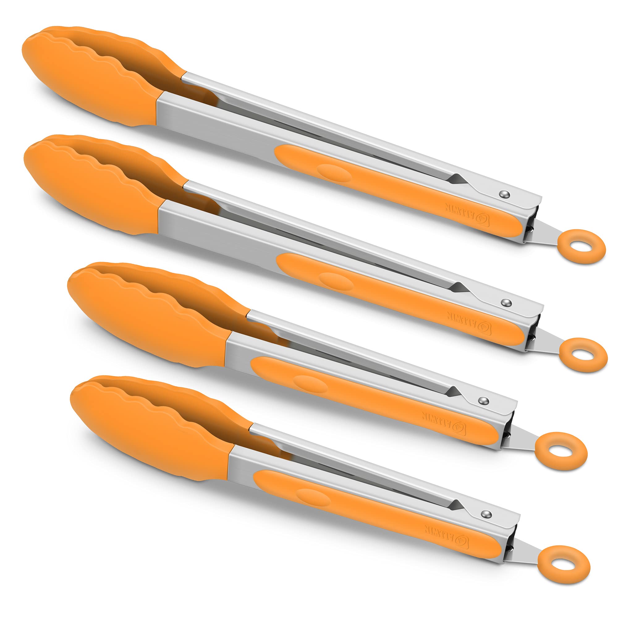 4 Pack Orange Kitchen Tongs, Premium Silicone Bpa Free Non-Stick Stainless Steel Bbq Cooking Grilling Locking Food Tongs, 9-Inch