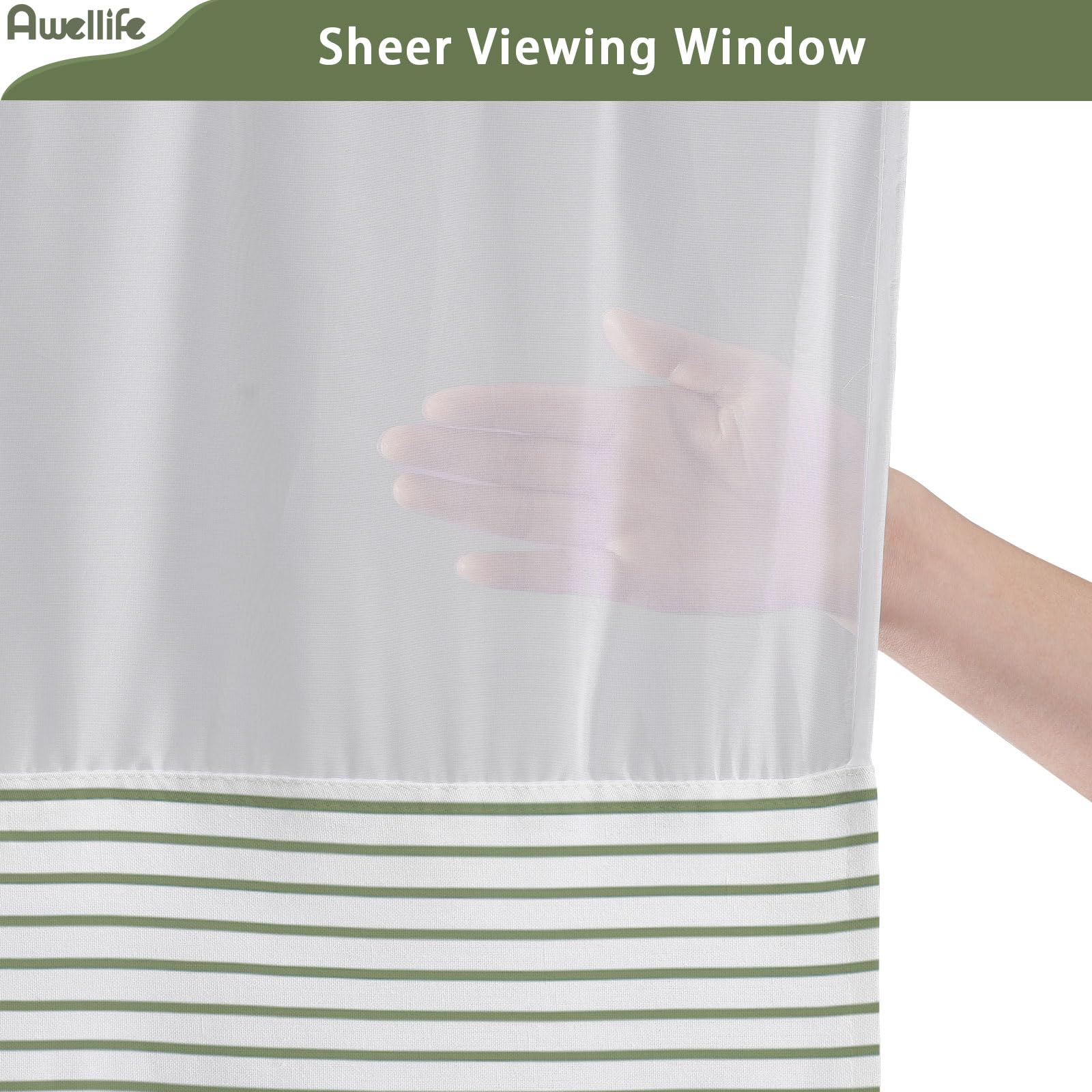 Awellife No Hook Shower Curtain With Snap In Liner Set Cotton And Linen Blend Shower Curtain For Bathroom Boho Green Striped 81'