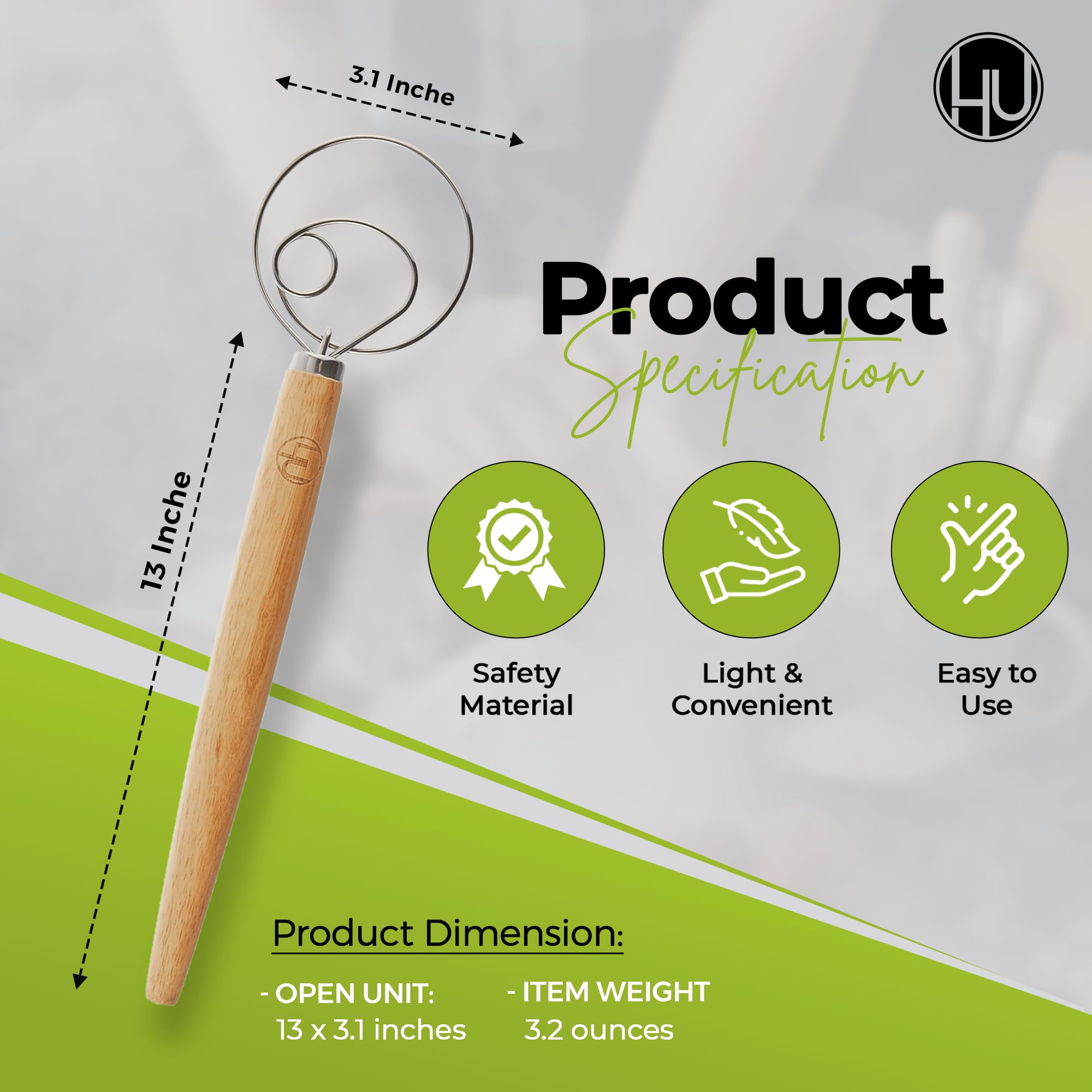 Lhu Premium Original Danish Dutch Whisk For Better Batter And Bread Dough Recipes, Stainless Steel/Beechwood, Includes Cleaning