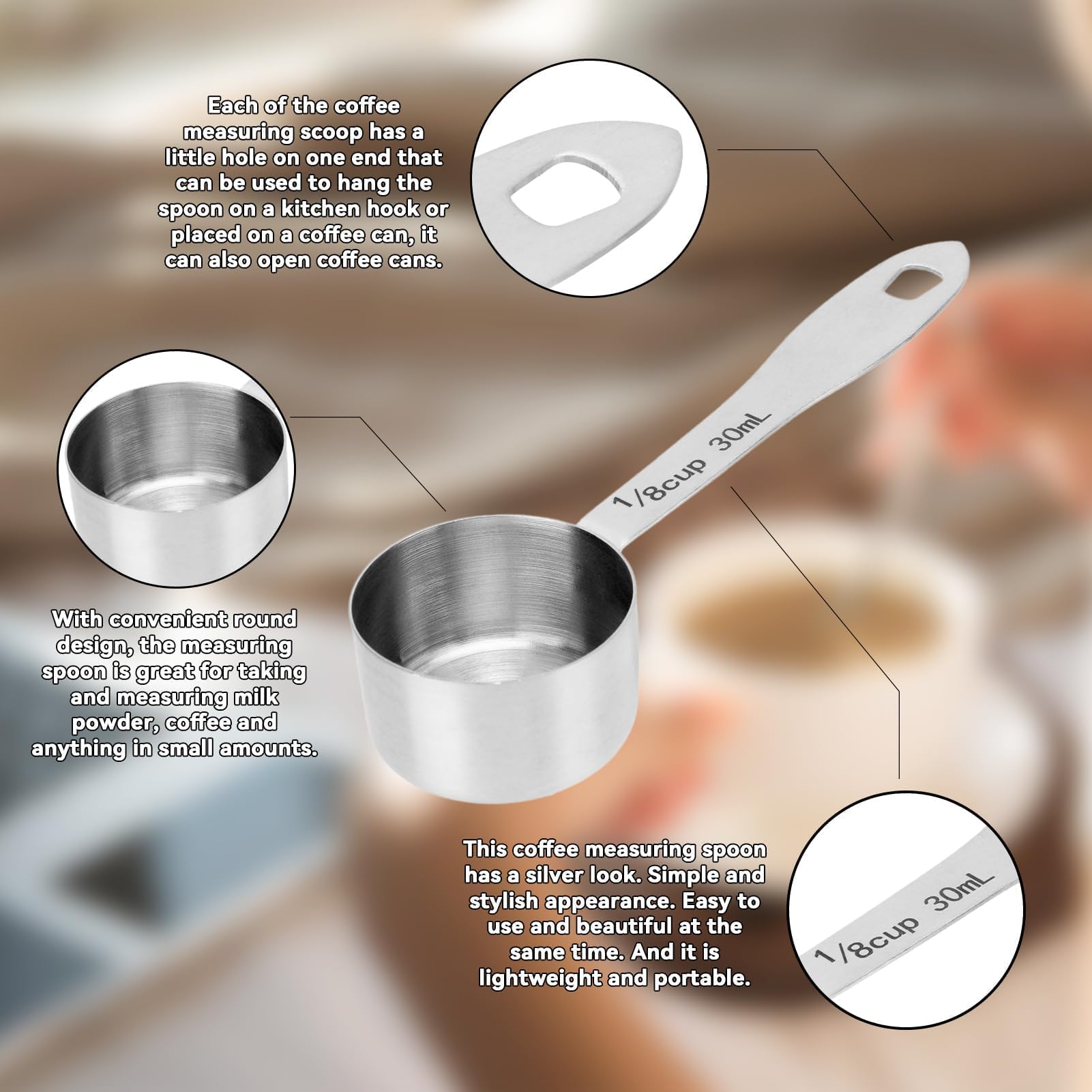 30Ml Measuring Spoon, Stainless Steel Coffee Bean Measuring Scoop Long Handle 1/8 Cup Measuring Cup For Sugar Milk Fruit Powder