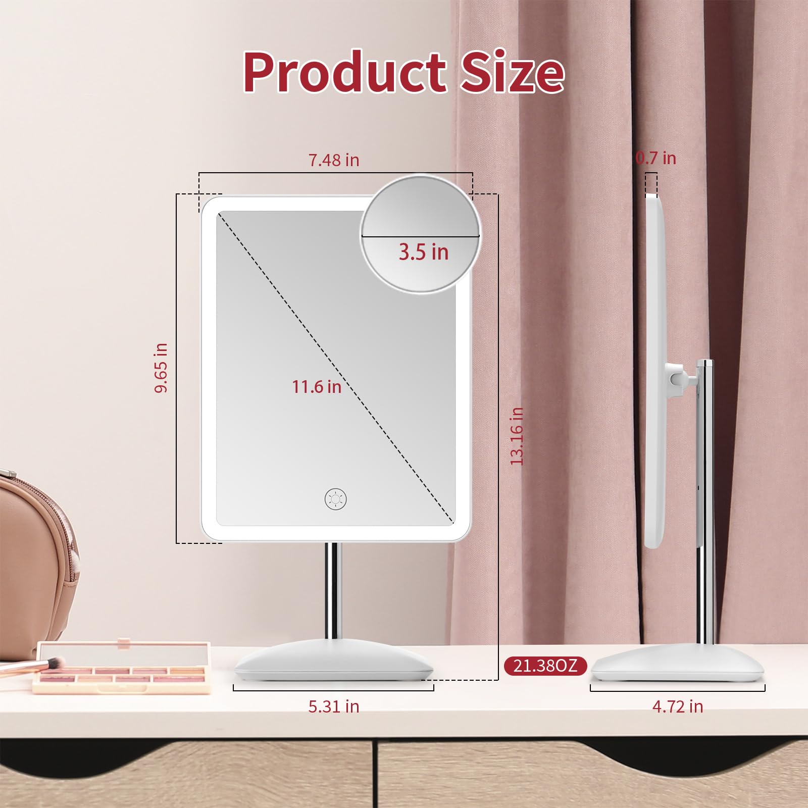 Deschen 2000Mah Rechargeable Makeup Vanity Mirror With Lights, 11.6'' Large Lighted Makeup Mirror With 3 Color Lights And 3.5''