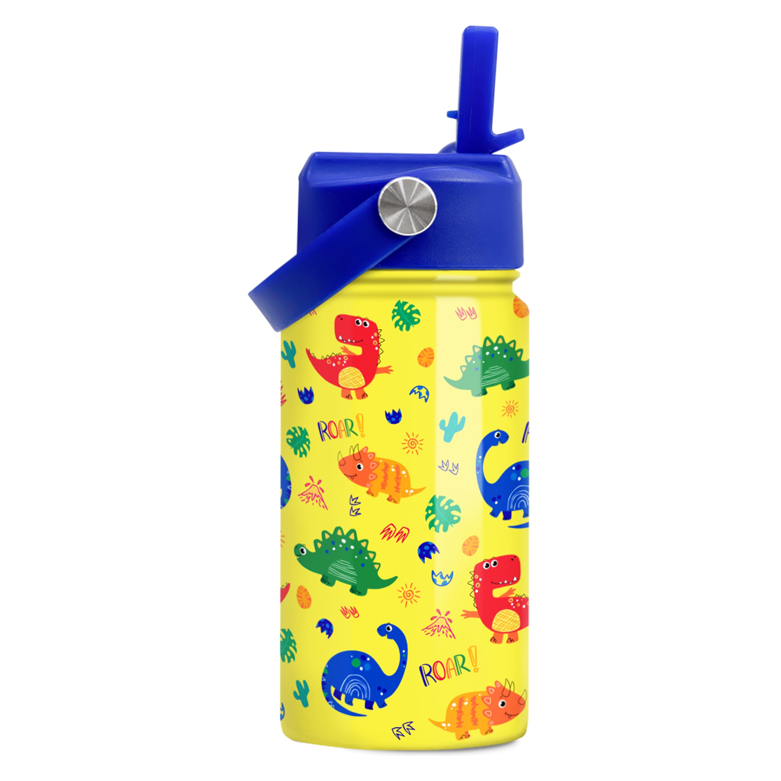 Dinosaur Kids Water Bottle - 12 Oz Insulated Stainless Steel - Straw Lid for Toddlers & Kids - School & Sports Travel Cup