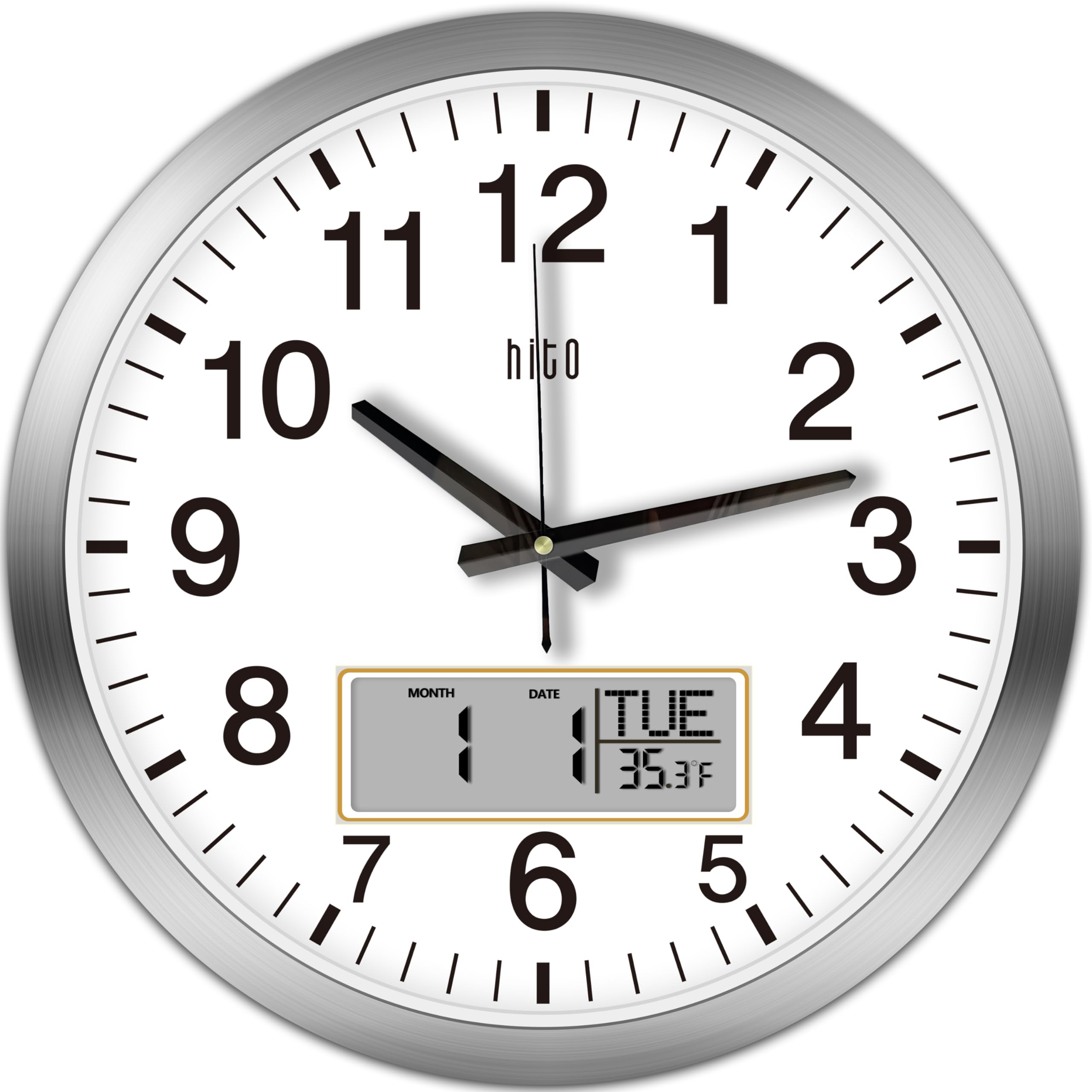Hito 14 Inch Silent Wall Clock Battery Operated With Temperature And Date, Large Wall Clock For Living Room Decor, Office, Class