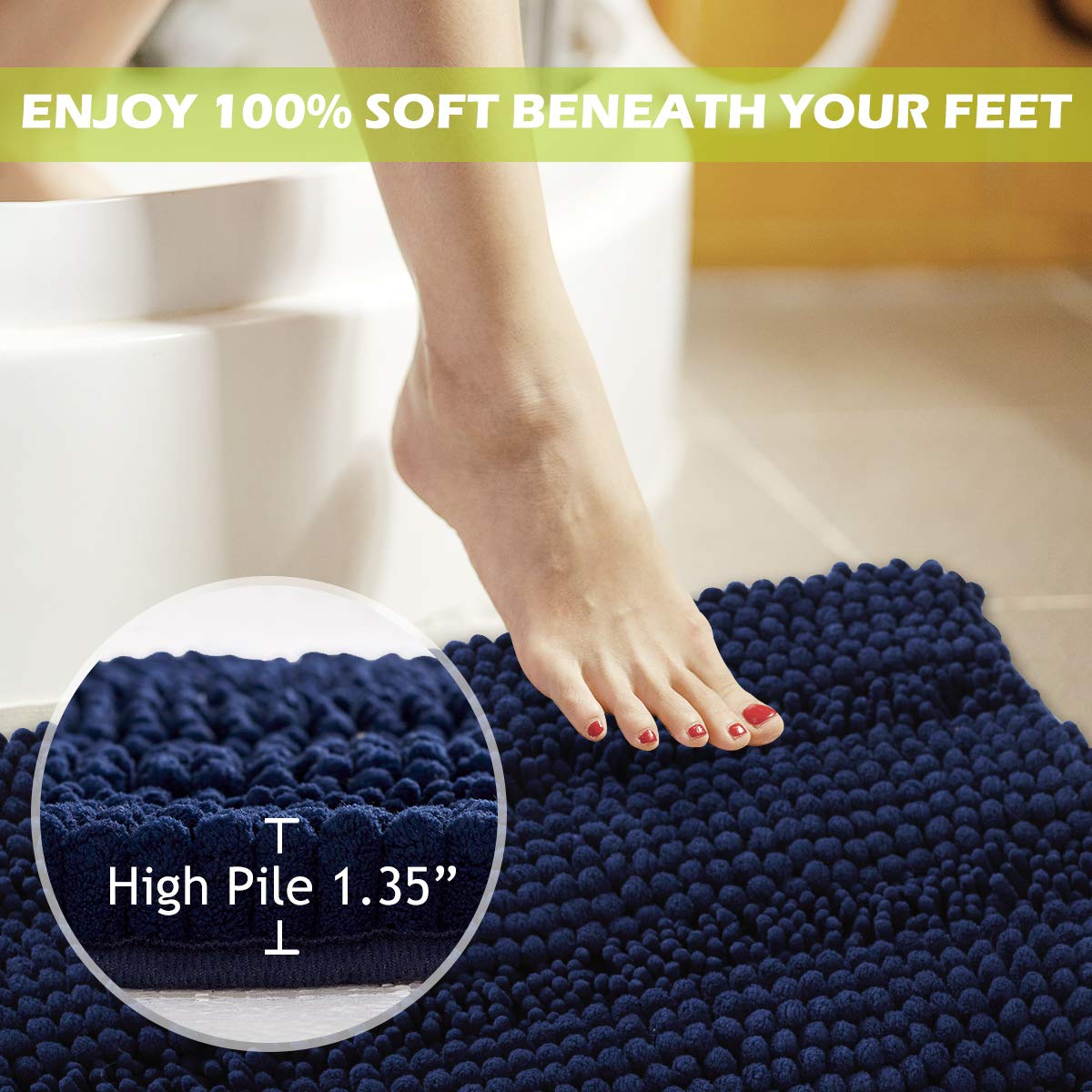Navy Blue Bath Mat - Quick Drying Chenile Bathroom Rugs Thick Shaggy Floor Cover Water Absorbent Shower Carpet For Toilet Door W
