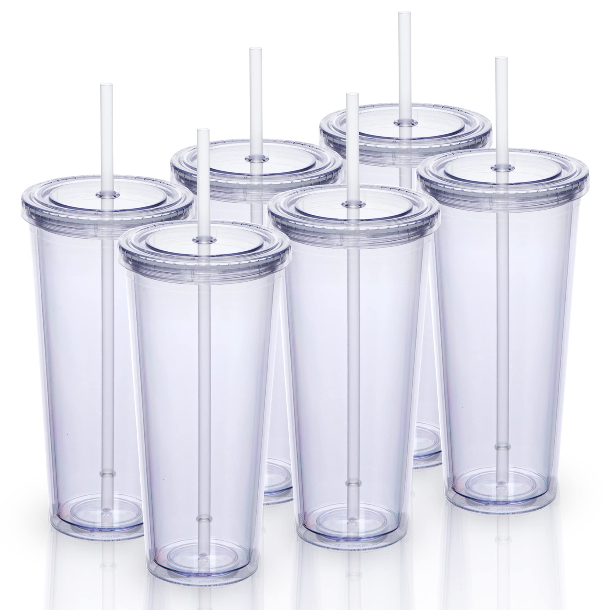 Zephyr Canyon 24oz Double Wall Plastic Tumblers with Lids and Straws | Large Classic Travel Tumbler | 6 Pack Set of 6 | Clear Re
