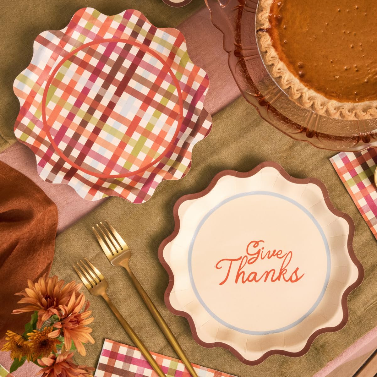 xo, Fetti Thanksgiving Paper Plates | 24 pcs | Give Thanks Party, Fall Plaid Tableware, Wavy Dinner Setting, Friendsgiving Decor