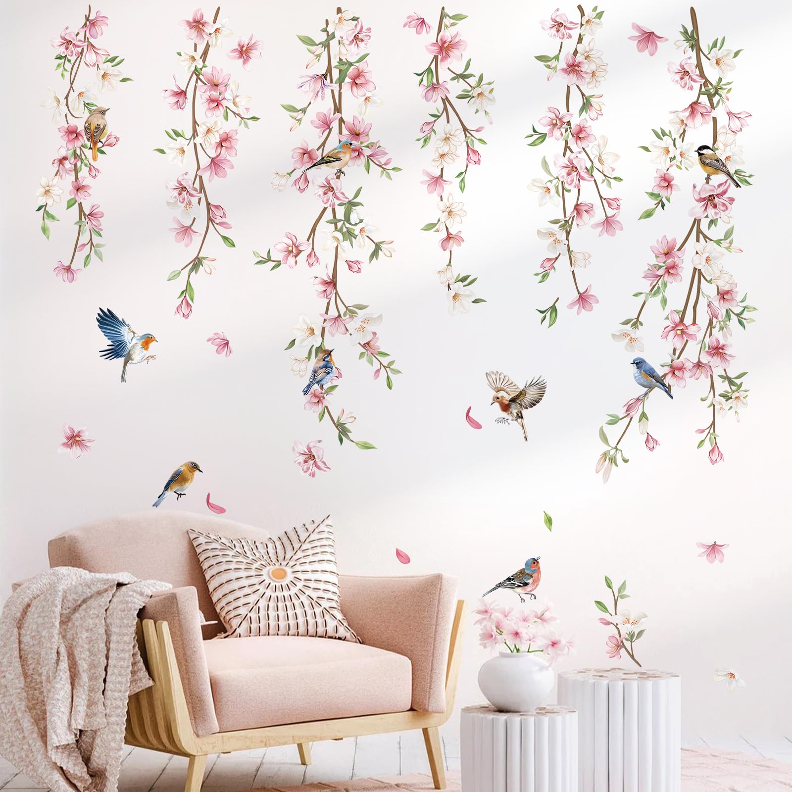 Decalmile Hanging Flower Vine Wall Decals Pink Floral Leaves Birds Wall Stickers Bedroom Living Room Sofa Tv Background Wall Dec