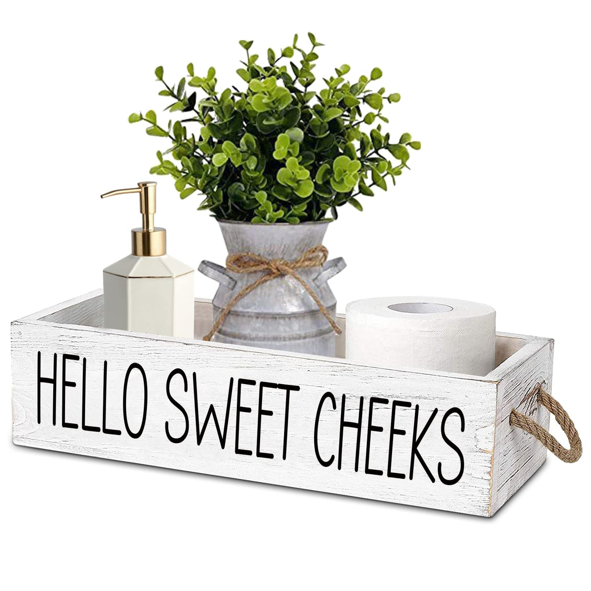 Teouios Hello Sweet Cheeks Funny 2 Sides Wooden Toilet Paper Holder Bathroom Decor Box With Rope Handle, Farmhouse Bathroom Pape