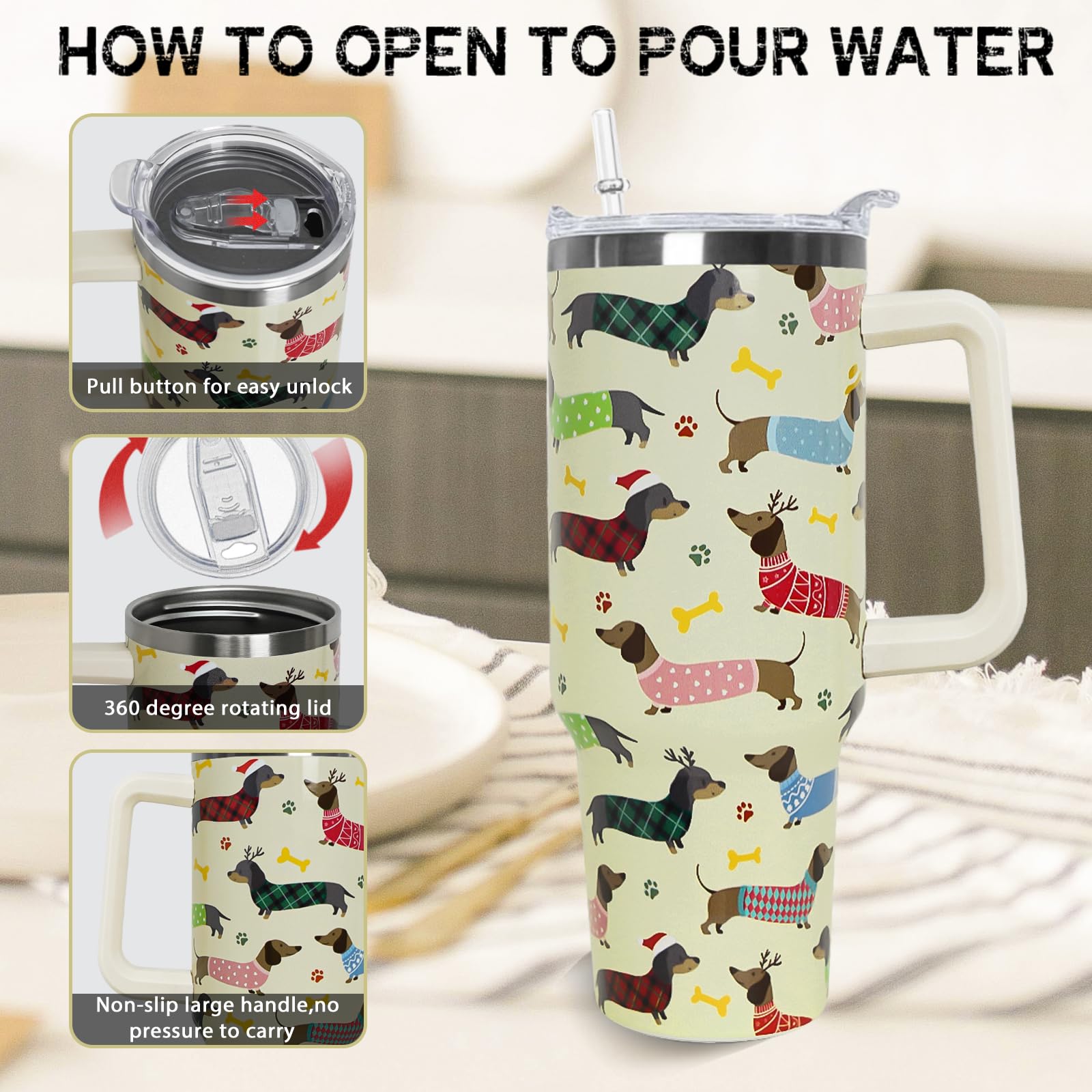Nqhsionv Dachshund Tumbler with Handle and Straw 40 oz Christmas Cup Weiner Dog Coffee Travel Mug Stainless Steel Insulated Wate