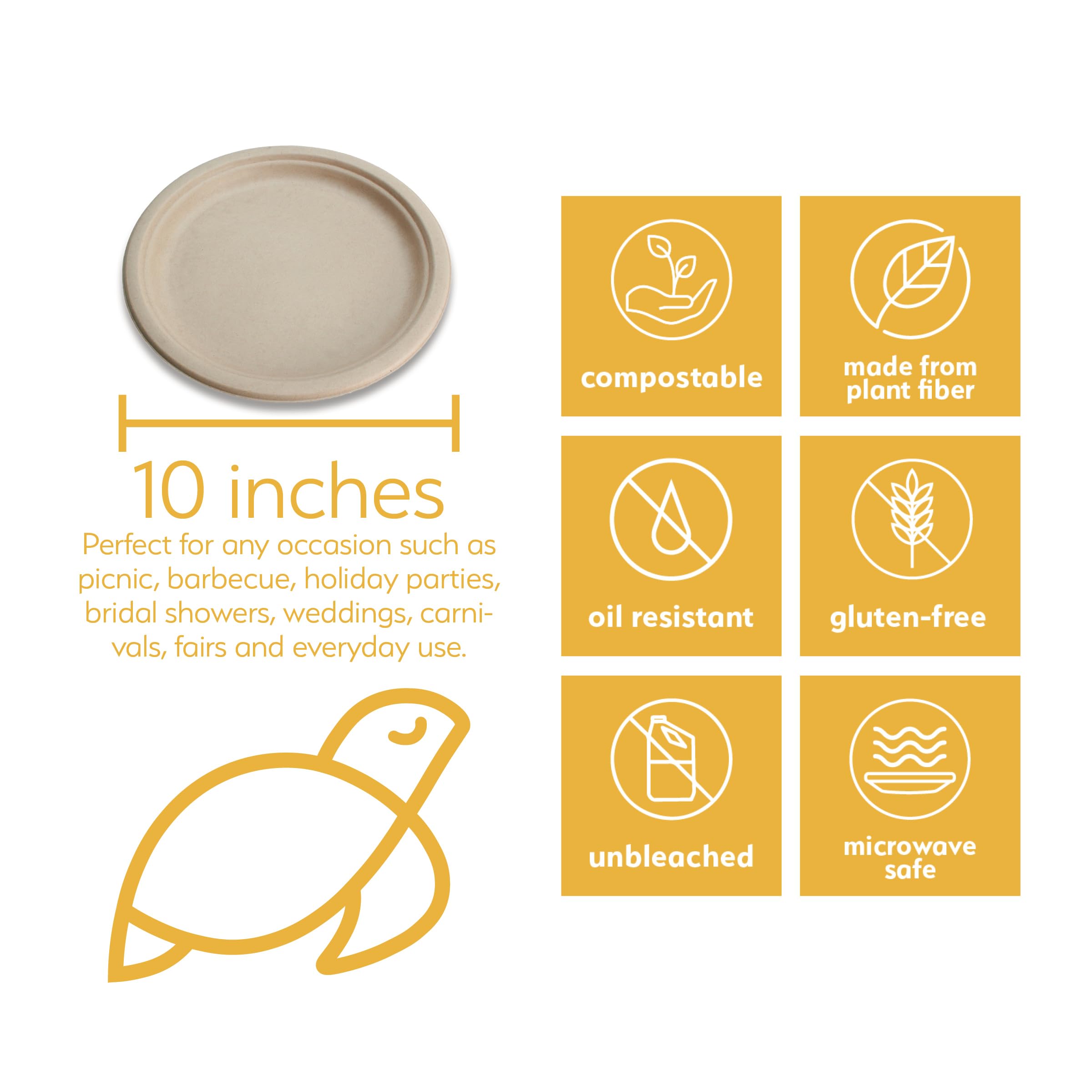 100% Compostable Disposable Paper Plates Bulk [10'' 50 Pack], Bamboo Plates, Eco Friendly, Biodegradable, Sturdy Large Dinner Pa